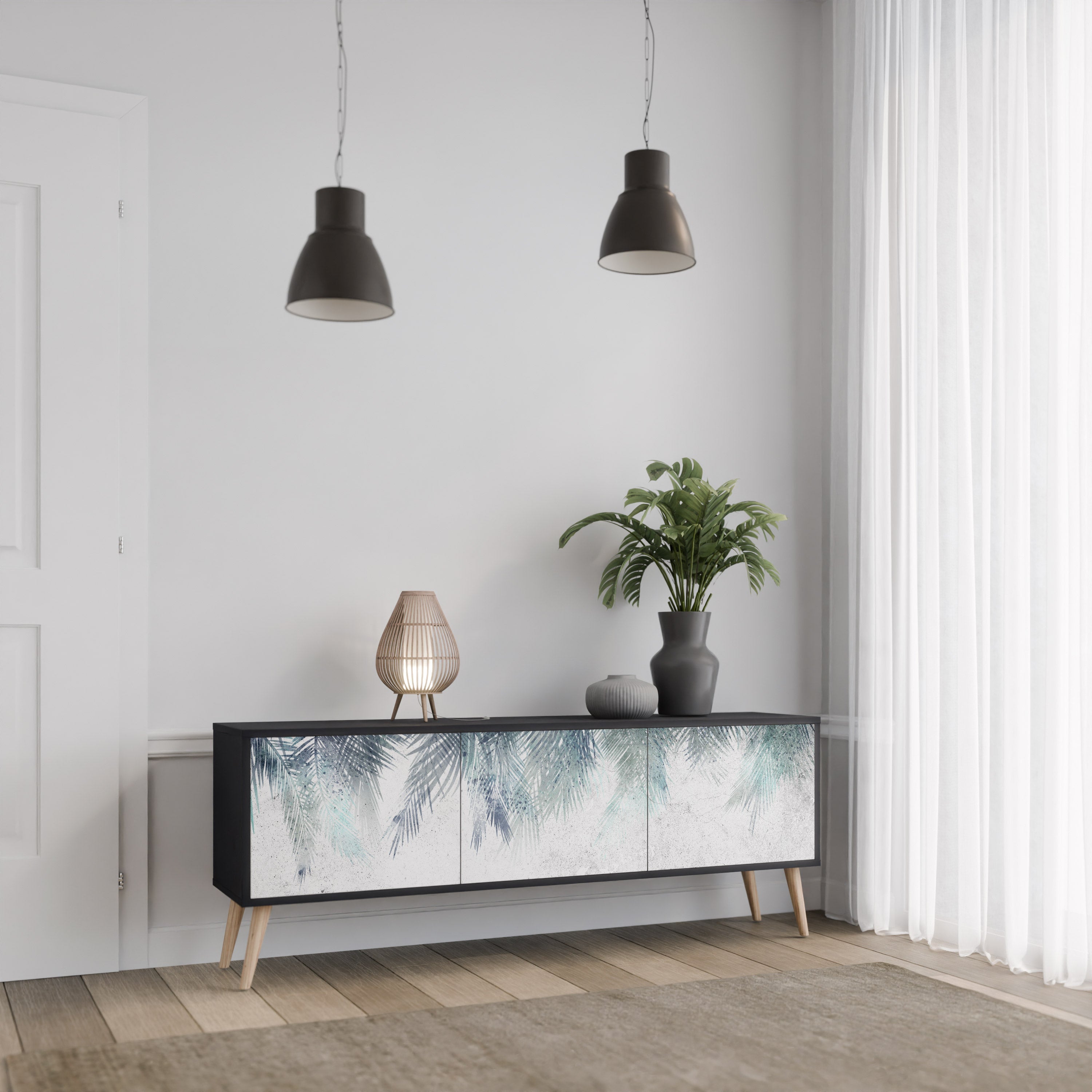 Meuble TV 3 portes PALM VEIL finition noire