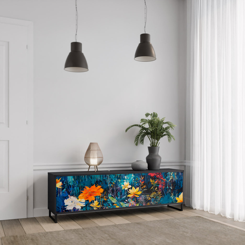 Meuble TV 3 portes MIDNIGHT BLOSSOM finition noire