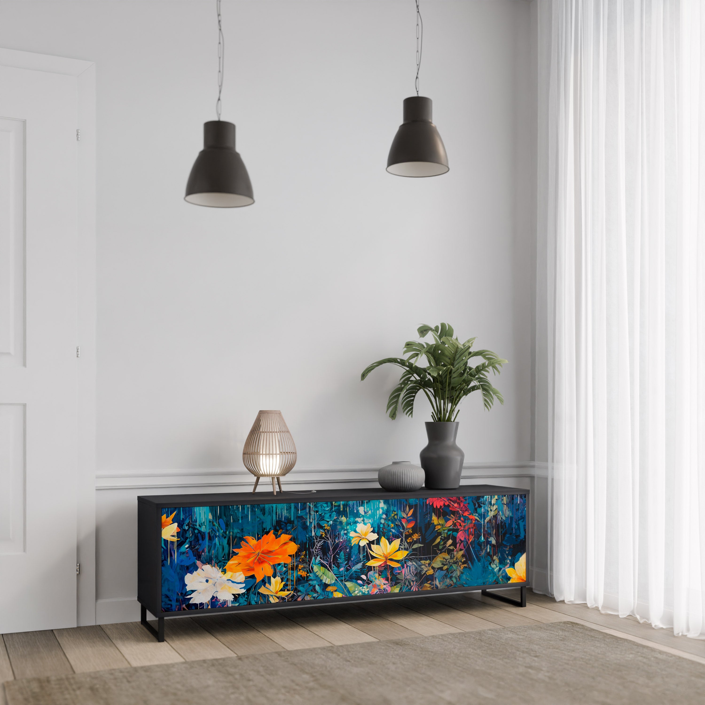 Meuble TV 3 portes MIDNIGHT BLOSSOM finition noire