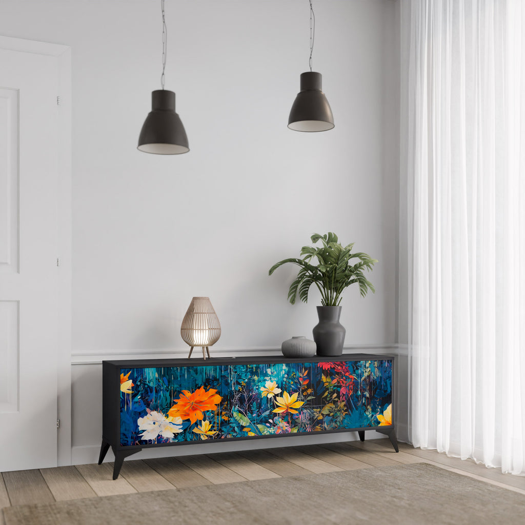 Meuble TV 3 portes MIDNIGHT BLOSSOM finition noire