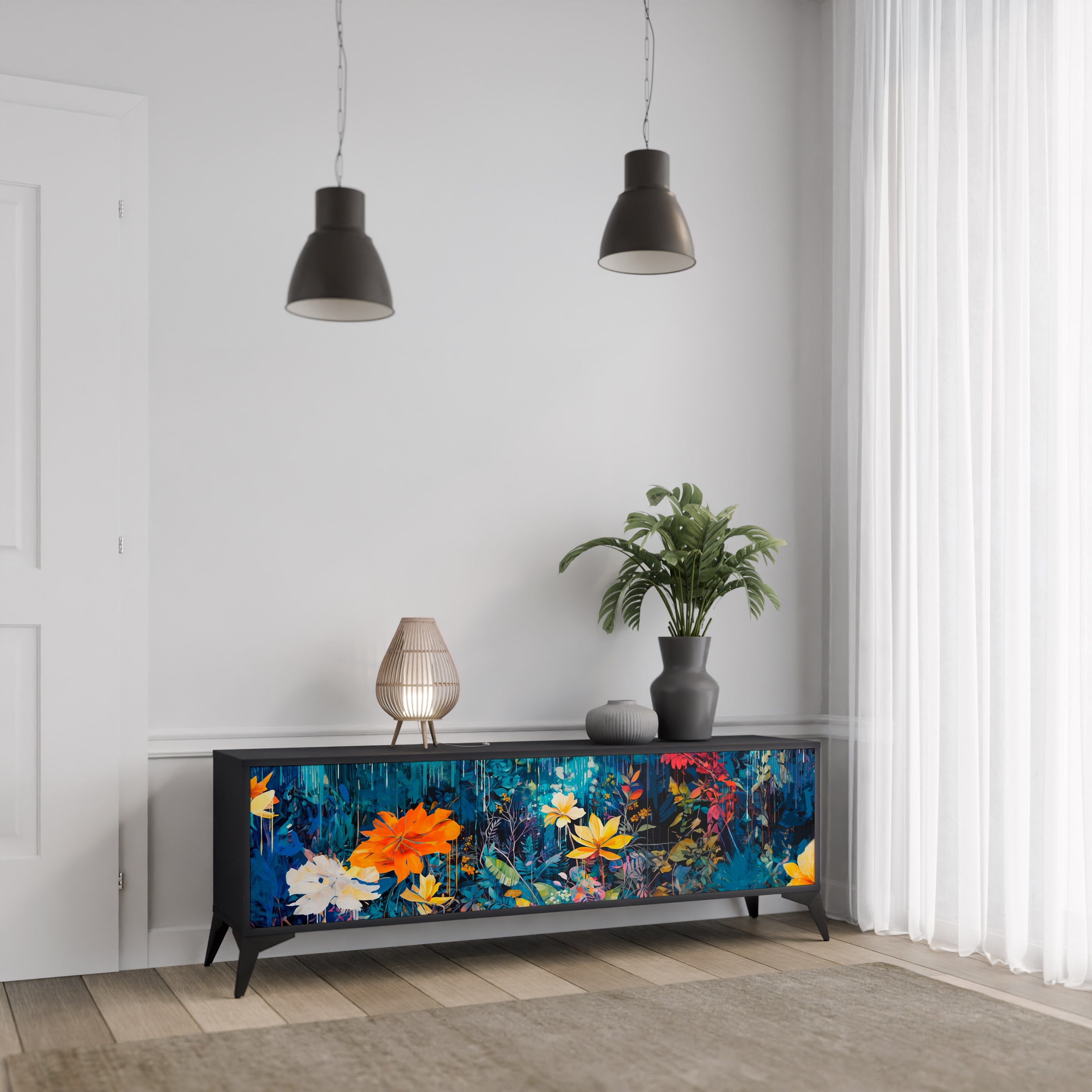 Meuble TV 3 portes MIDNIGHT BLOSSOM finition noire