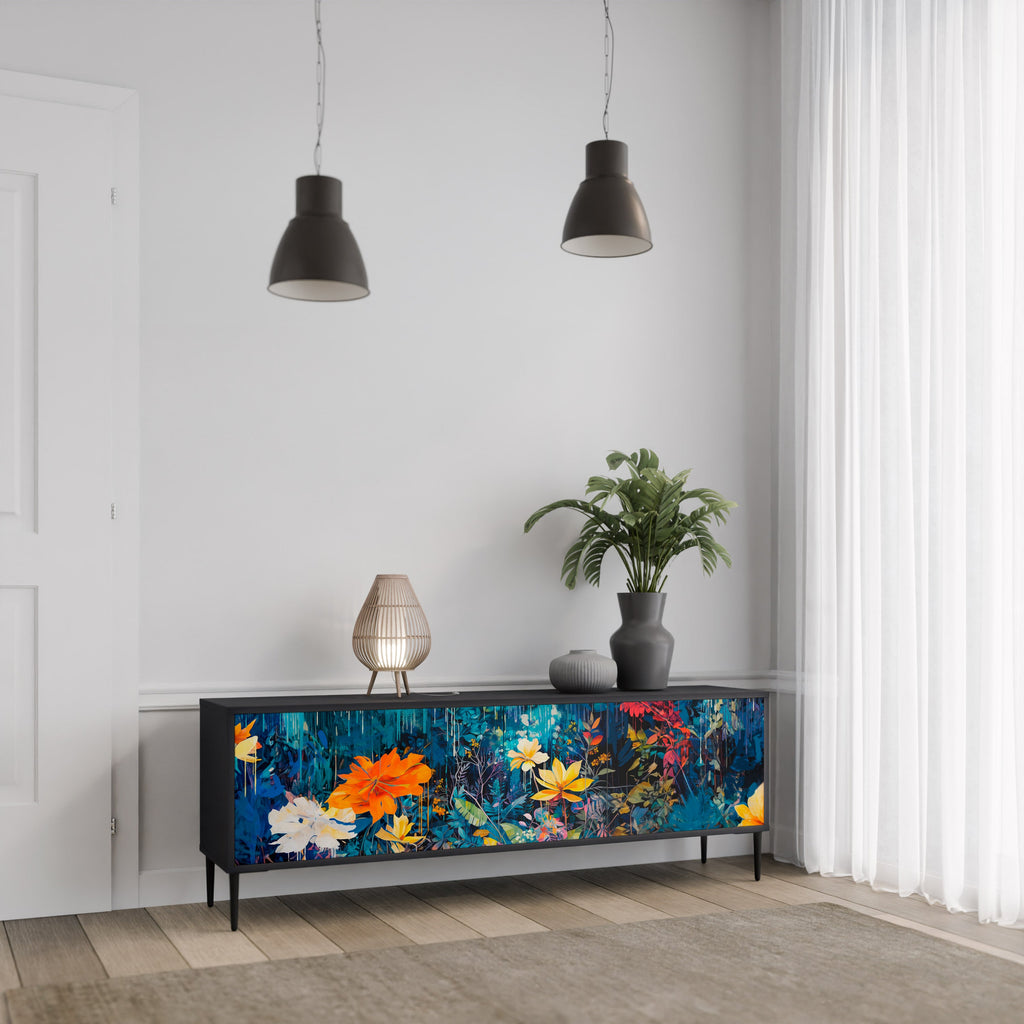 Meuble TV 3 portes MIDNIGHT BLOSSOM finition noire