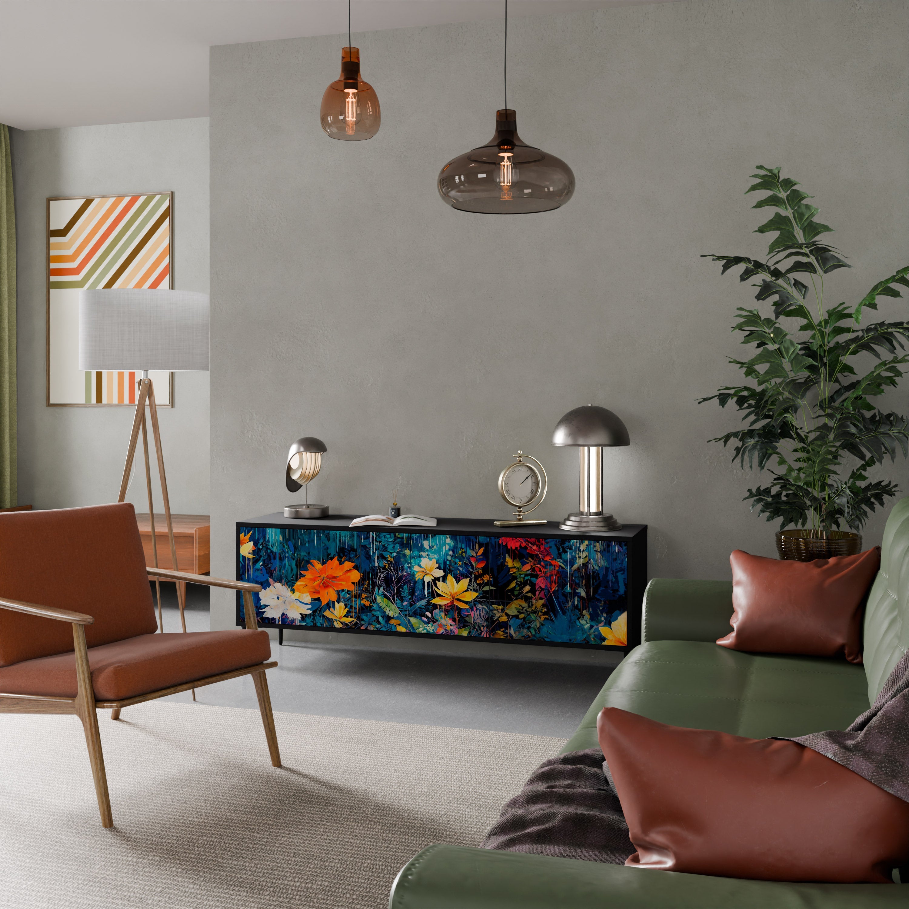 Meuble TV 3 portes MIDNIGHT BLOSSOM finition noire