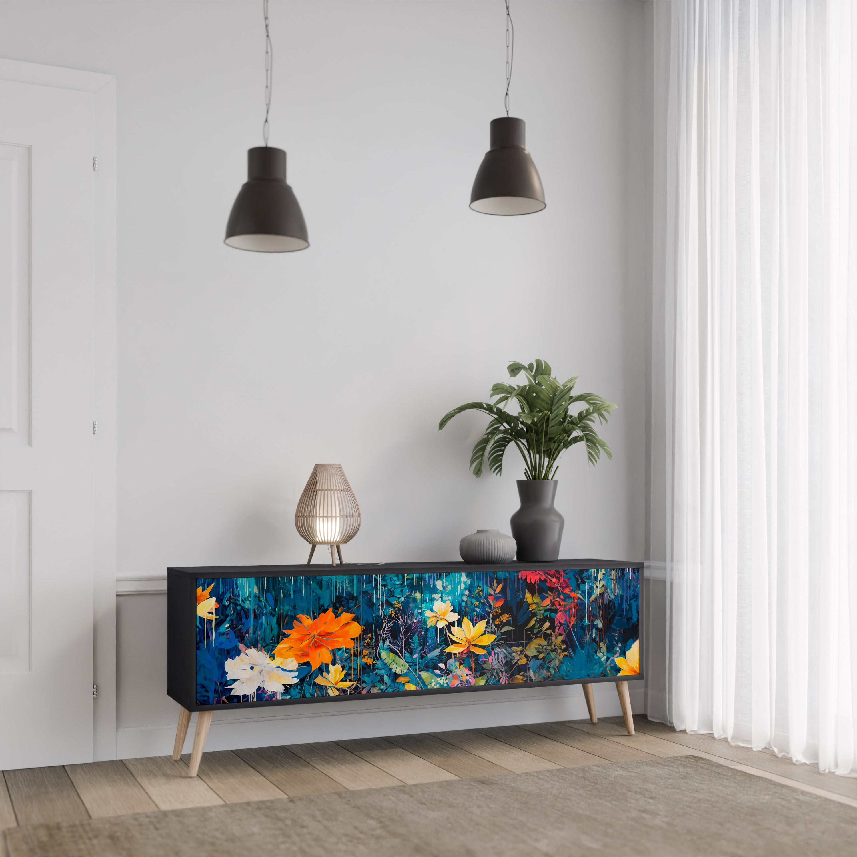 Meuble TV 3 portes MIDNIGHT BLOSSOM finition noire