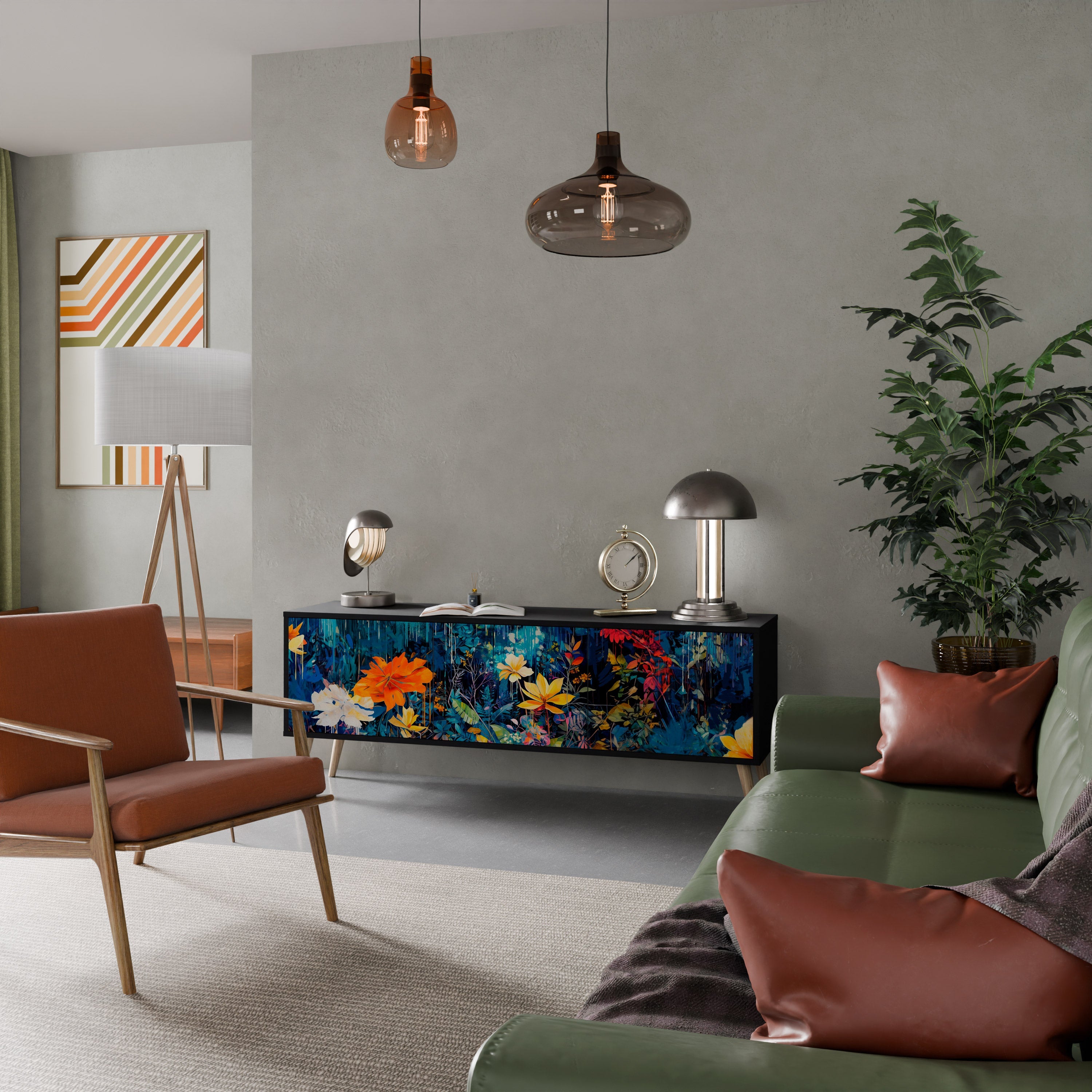 Meuble TV 3 portes MIDNIGHT BLOSSOM finition noire