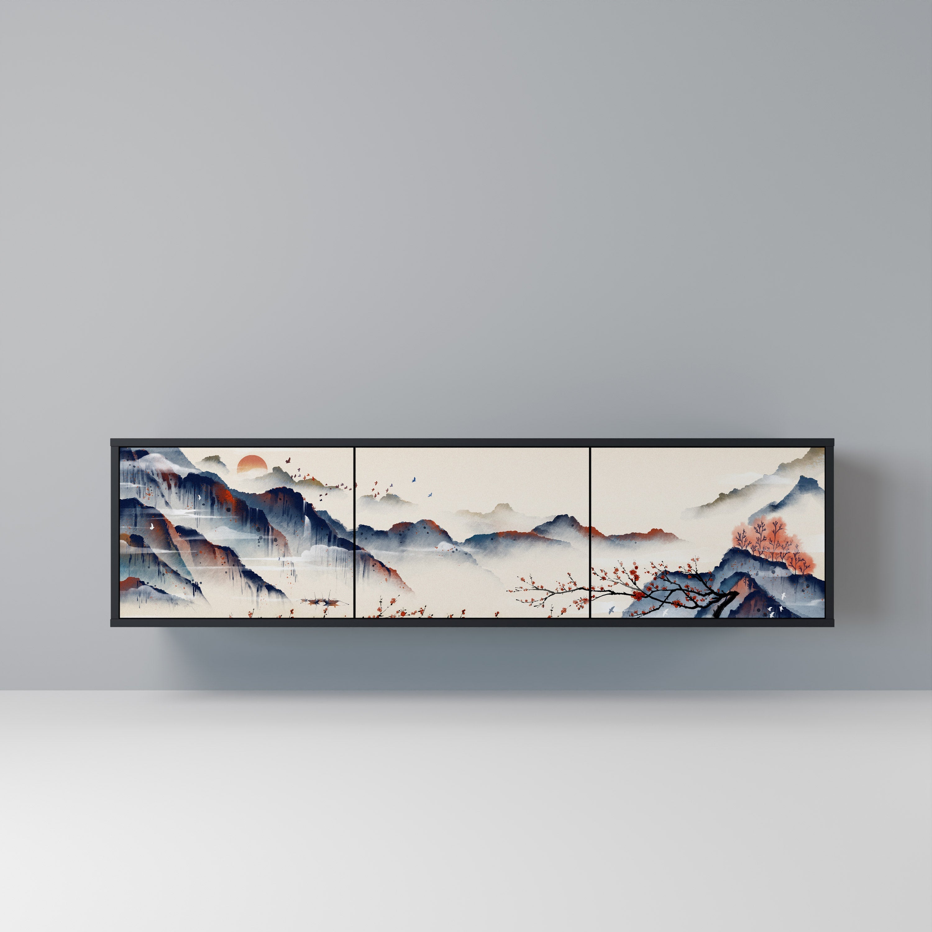 Meuble TV 3 portes PAYSAGE JAPONAIS finition noire