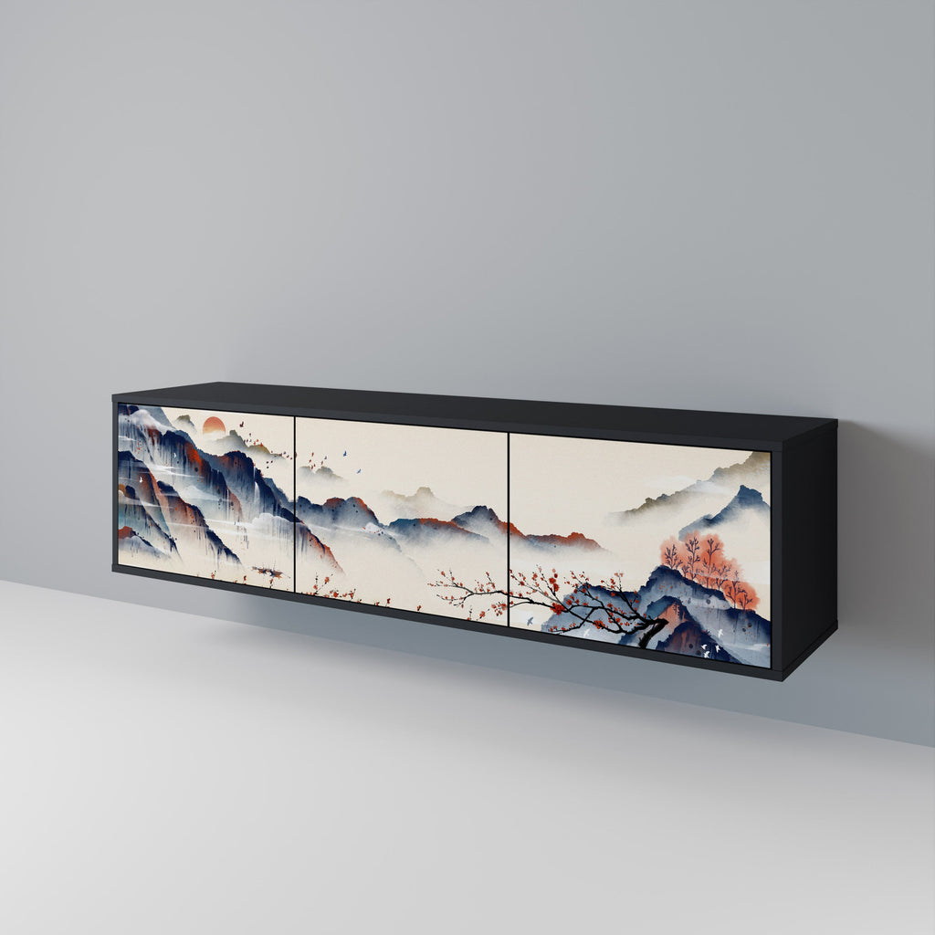 Meuble TV 3 portes PAYSAGE JAPONAIS finition noire