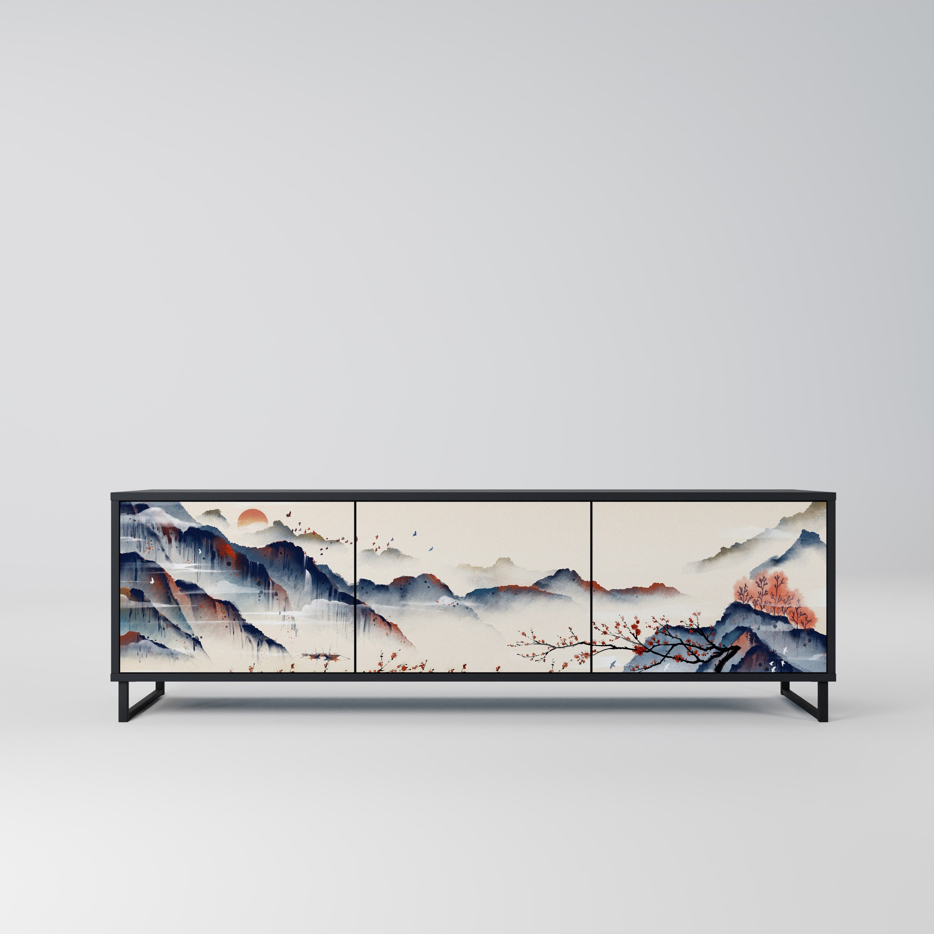 Meuble TV 3 portes PAYSAGE JAPONAIS finition noire