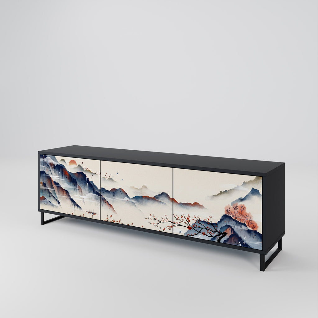 Meuble TV 3 portes PAYSAGE JAPONAIS finition noire
