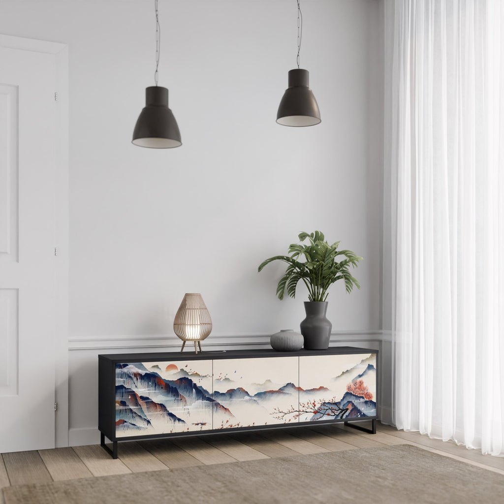 Meuble TV 3 portes PAYSAGE JAPONAIS finition noire