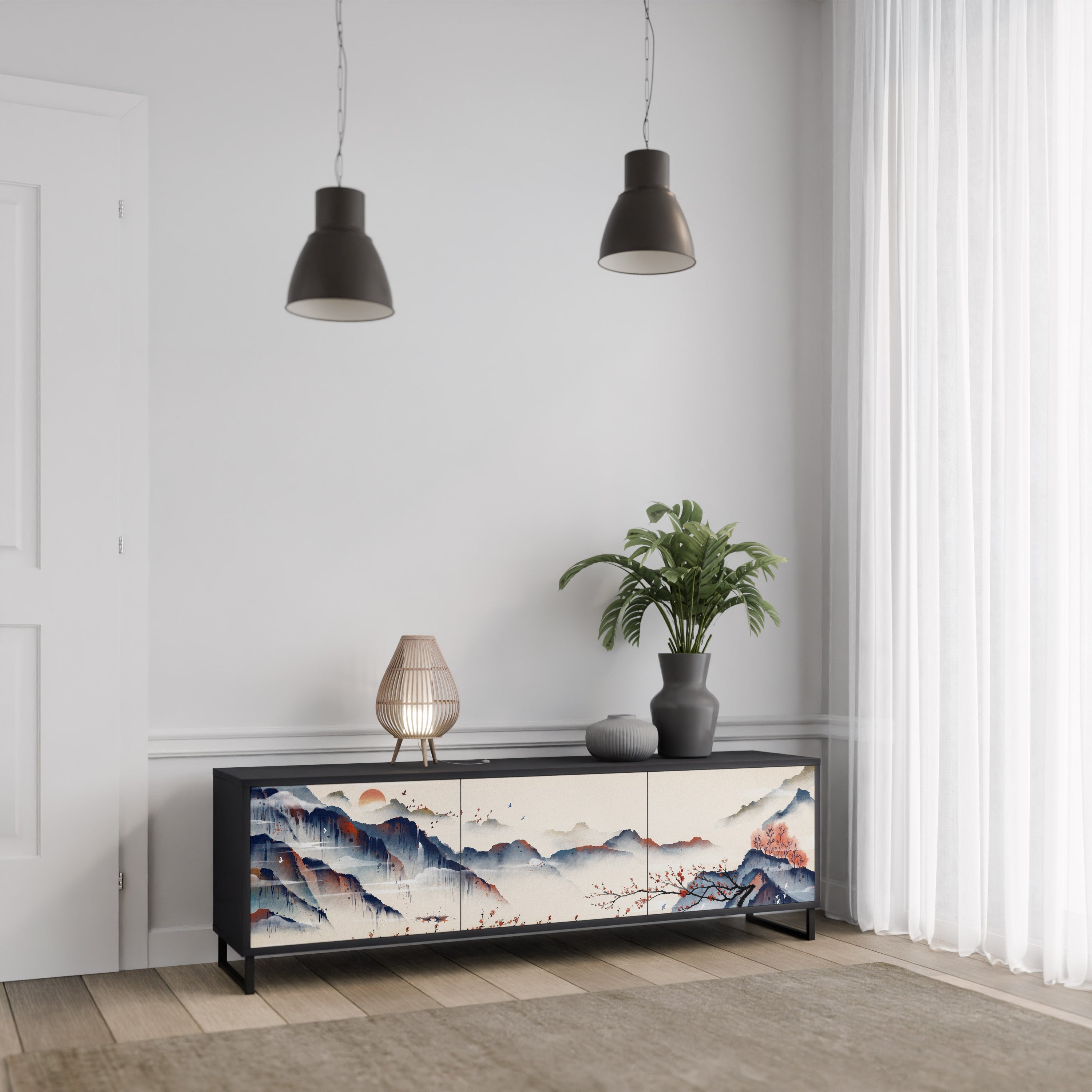 Meuble TV 3 portes PAYSAGE JAPONAIS finition noire