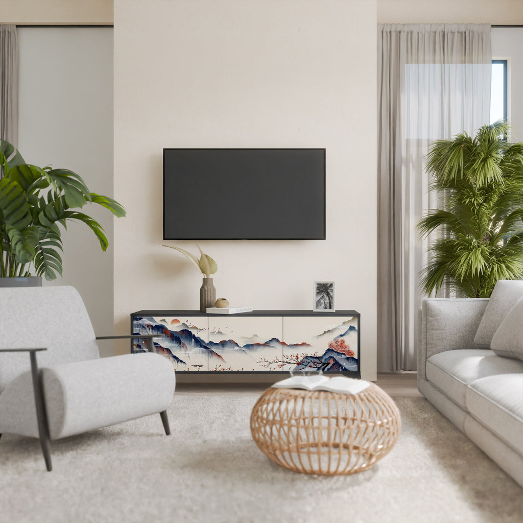 Meuble TV 3 portes PAYSAGE JAPONAIS finition noire