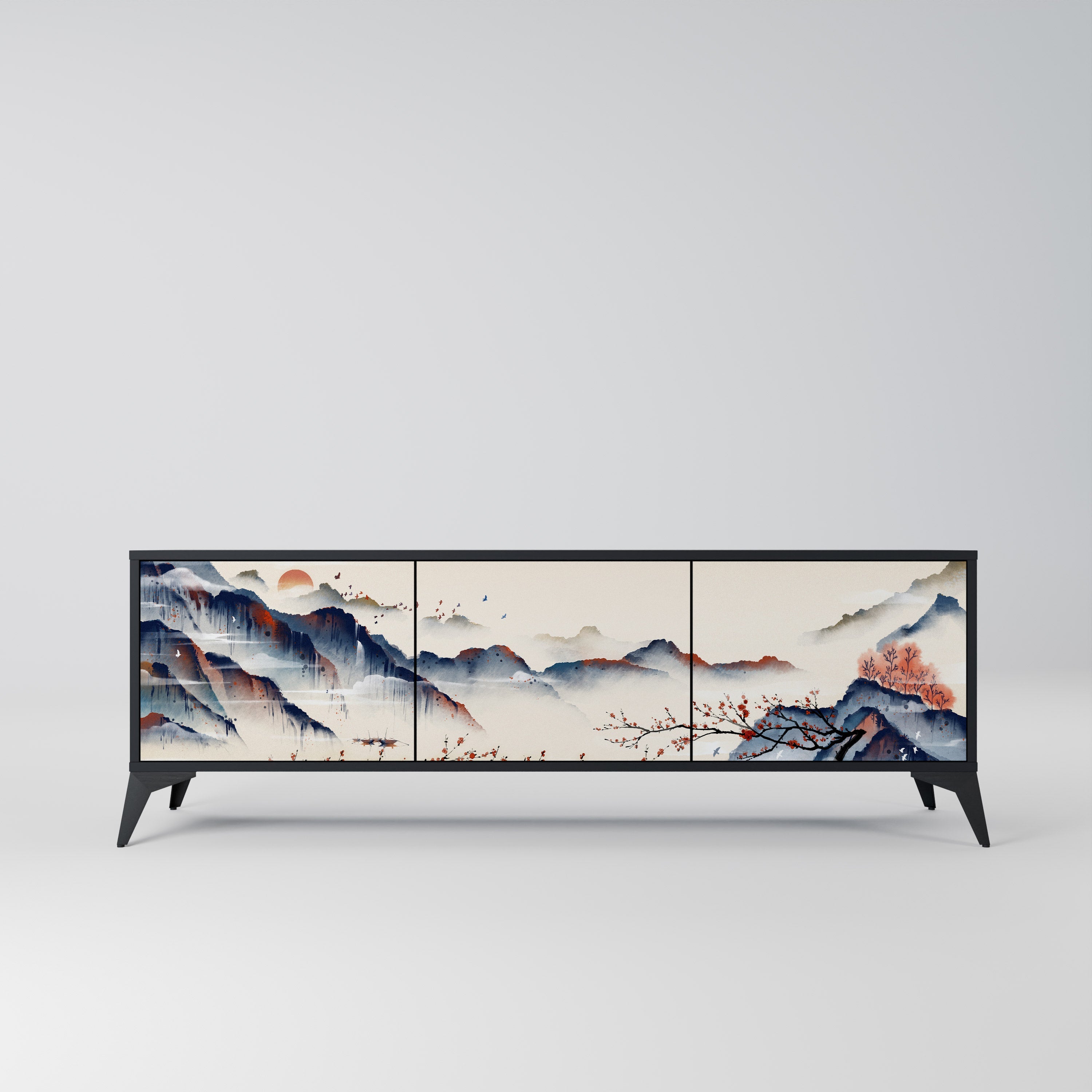 Meuble TV 3 portes PAYSAGE JAPONAIS finition noire