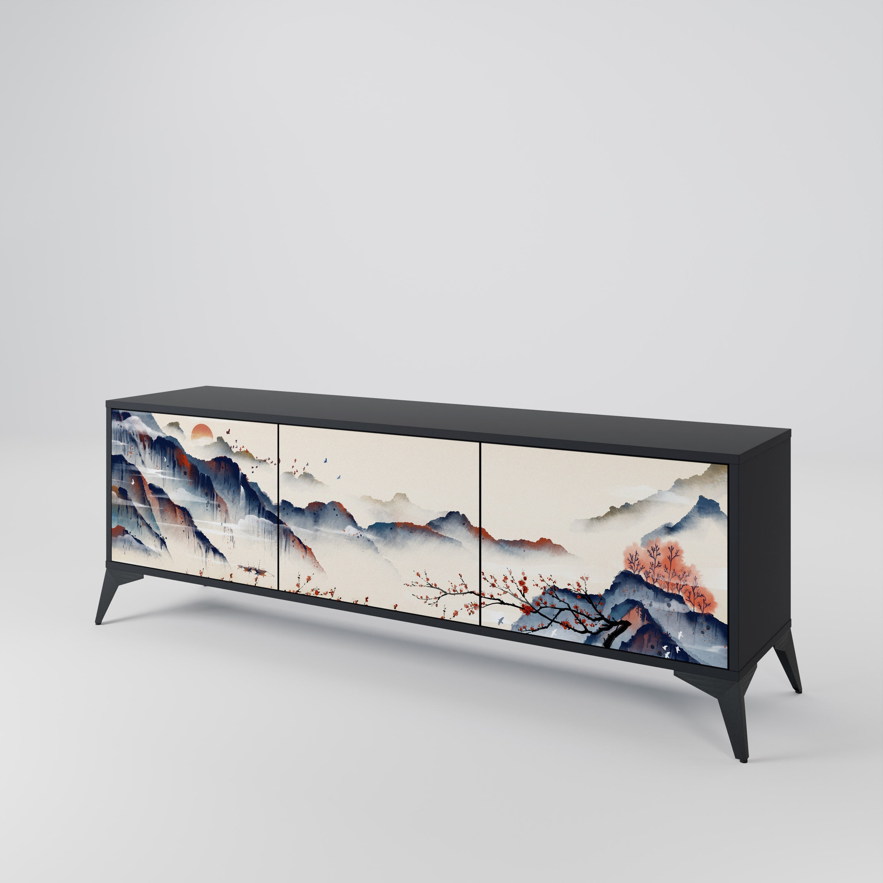 Meuble TV 3 portes PAYSAGE JAPONAIS finition noire