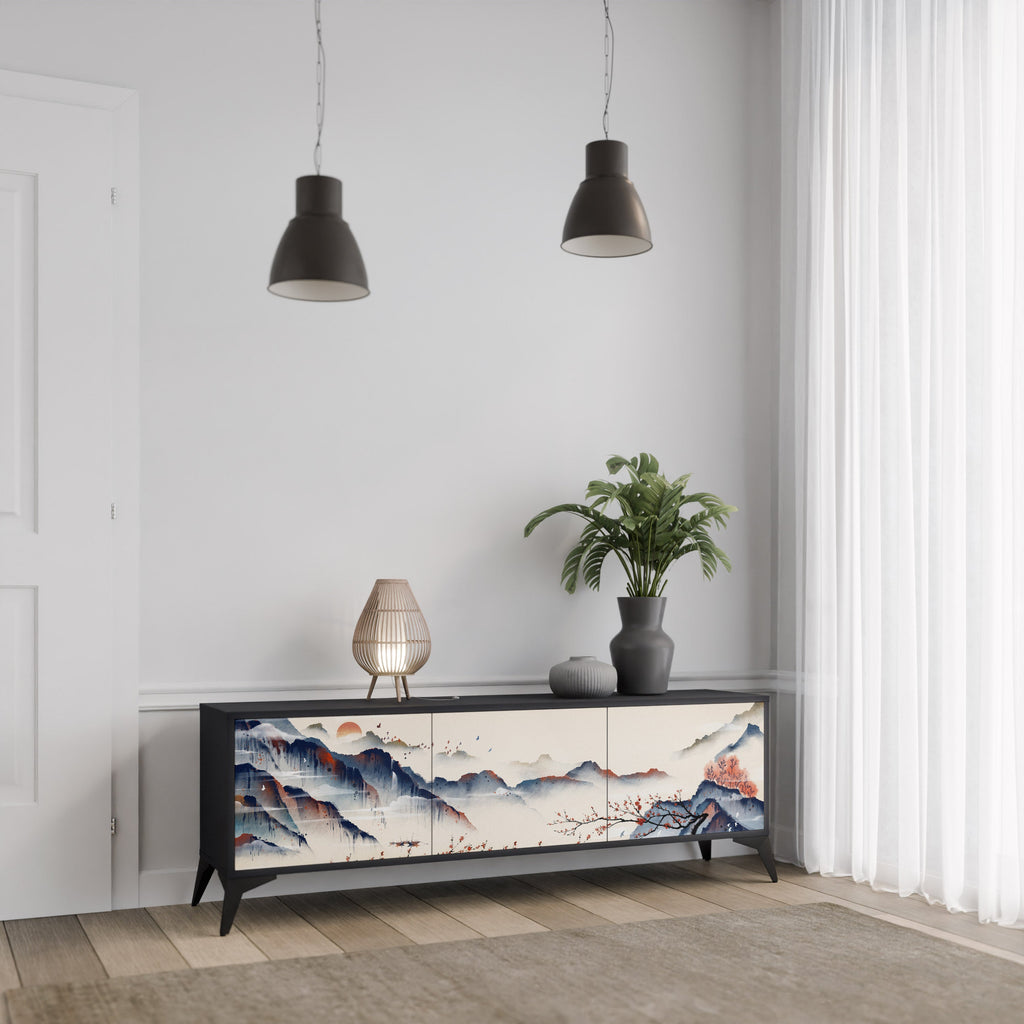 Meuble TV 3 portes PAYSAGE JAPONAIS finition noire