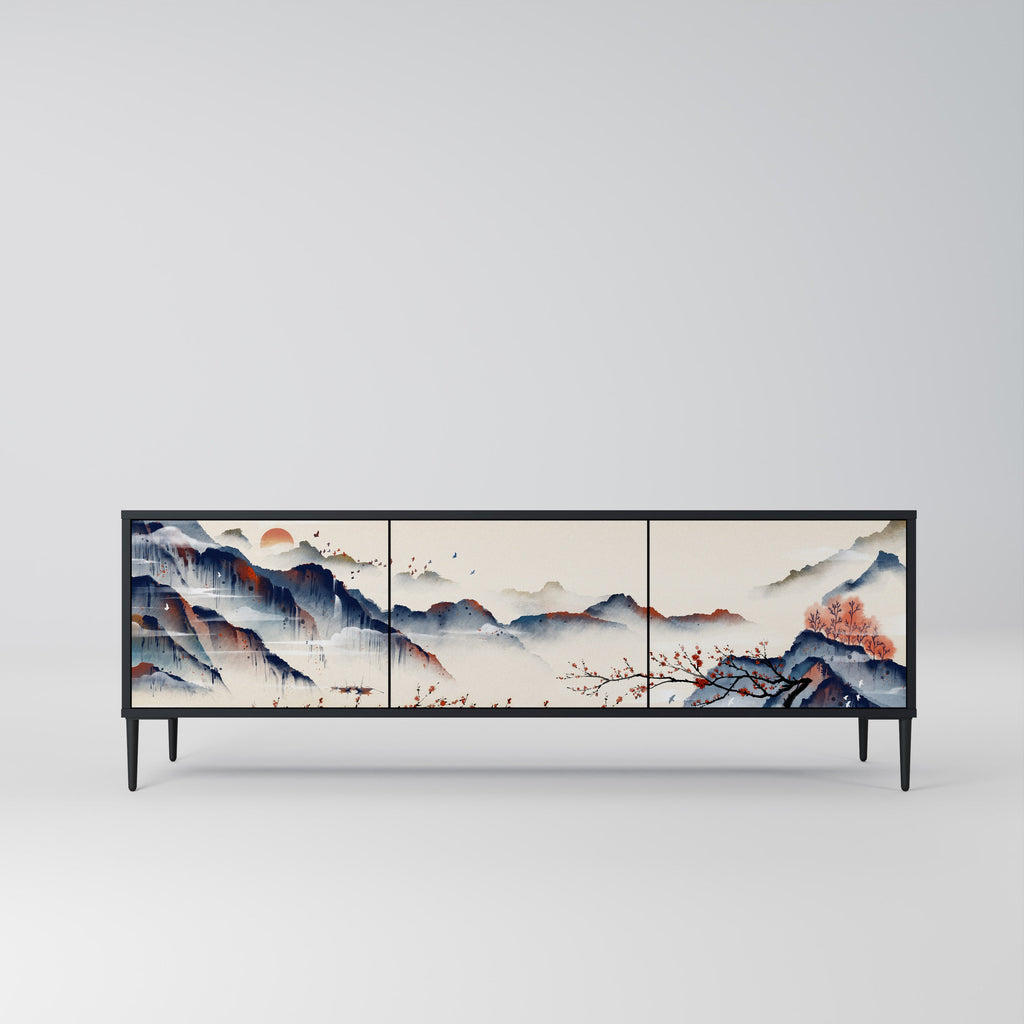 Meuble TV 3 portes PAYSAGE JAPONAIS finition noire