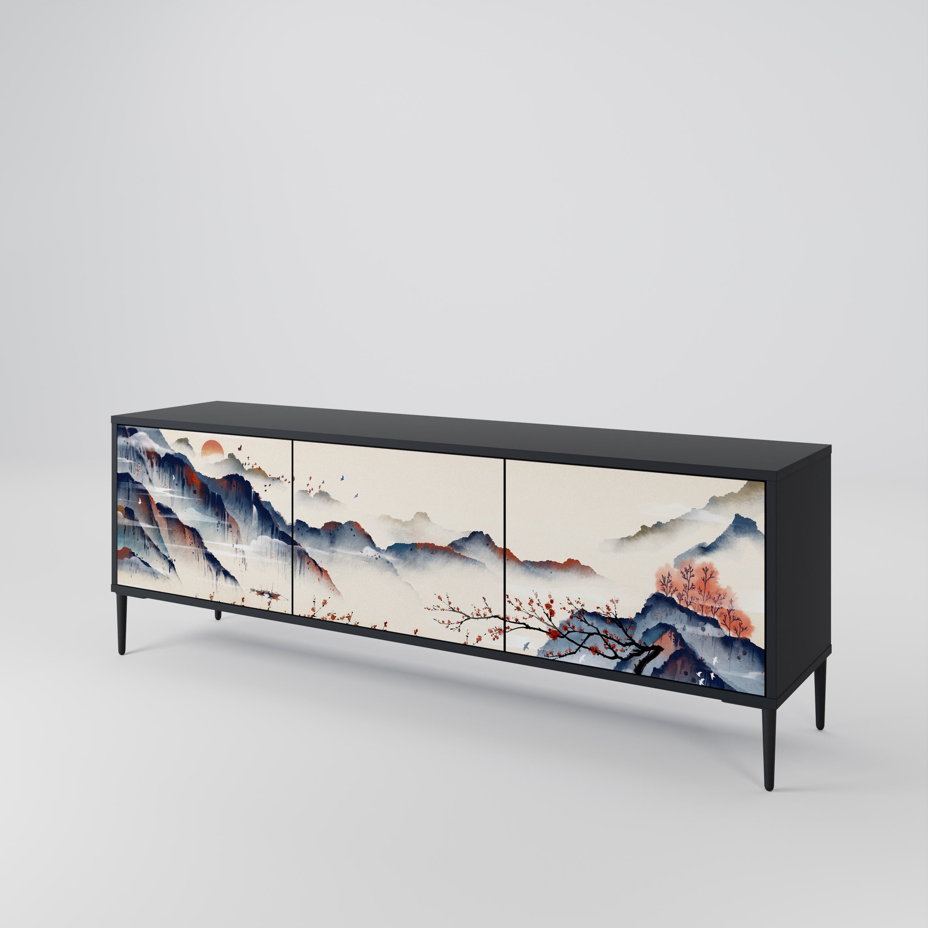 Meuble TV 3 portes PAYSAGE JAPONAIS finition noire