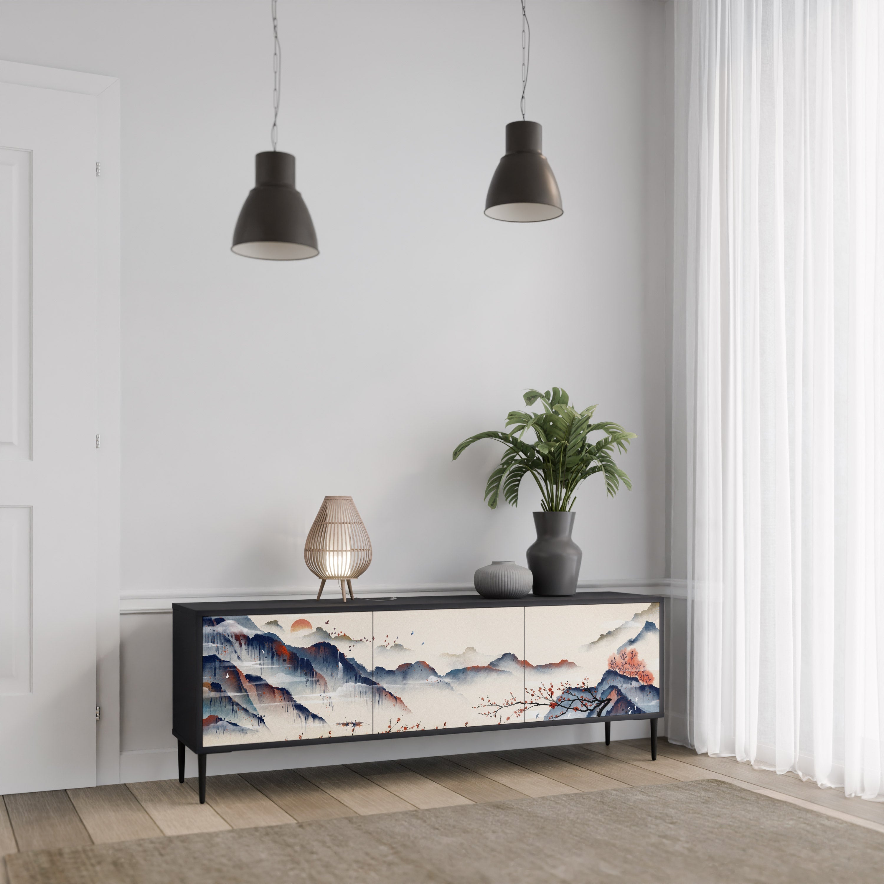 Meuble TV 3 portes PAYSAGE JAPONAIS finition noire