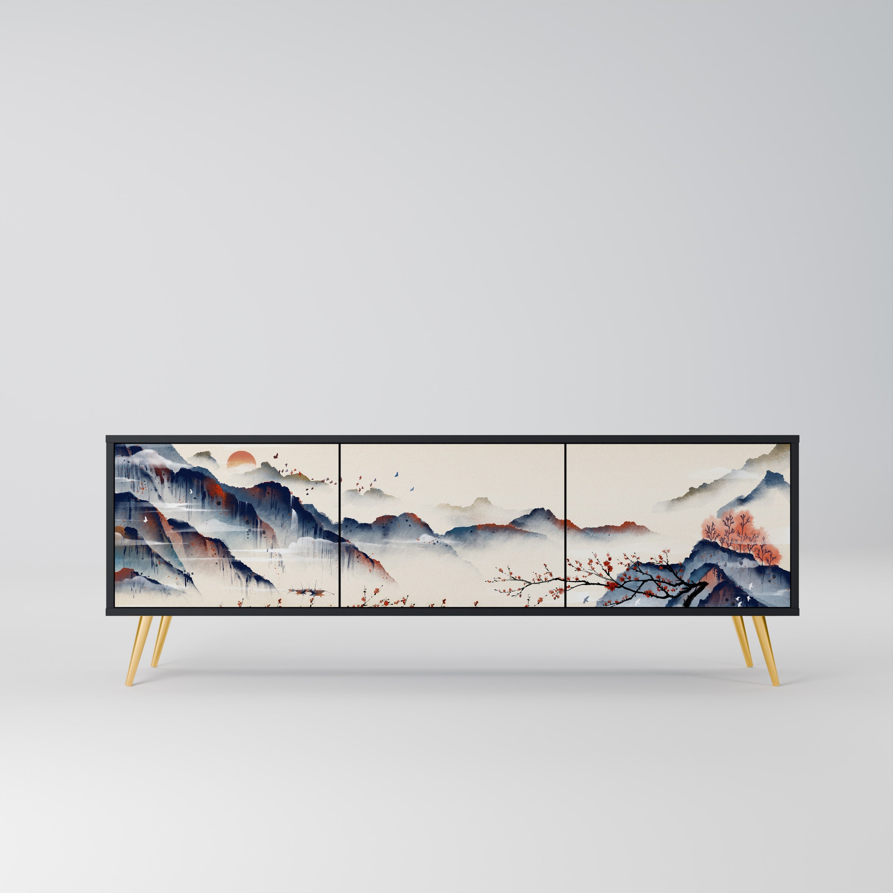 Meuble TV 3 portes PAYSAGE JAPONAIS finition noire