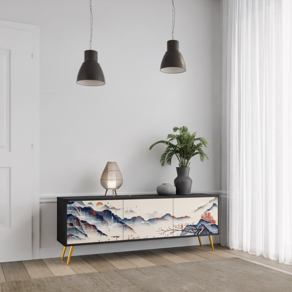 Meuble TV 3 portes PAYSAGE JAPONAIS finition noire