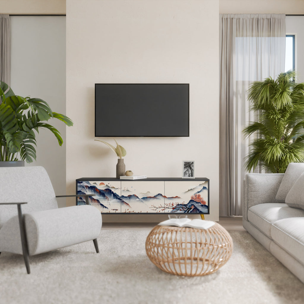 Meuble TV 3 portes PAYSAGE JAPONAIS finition noire