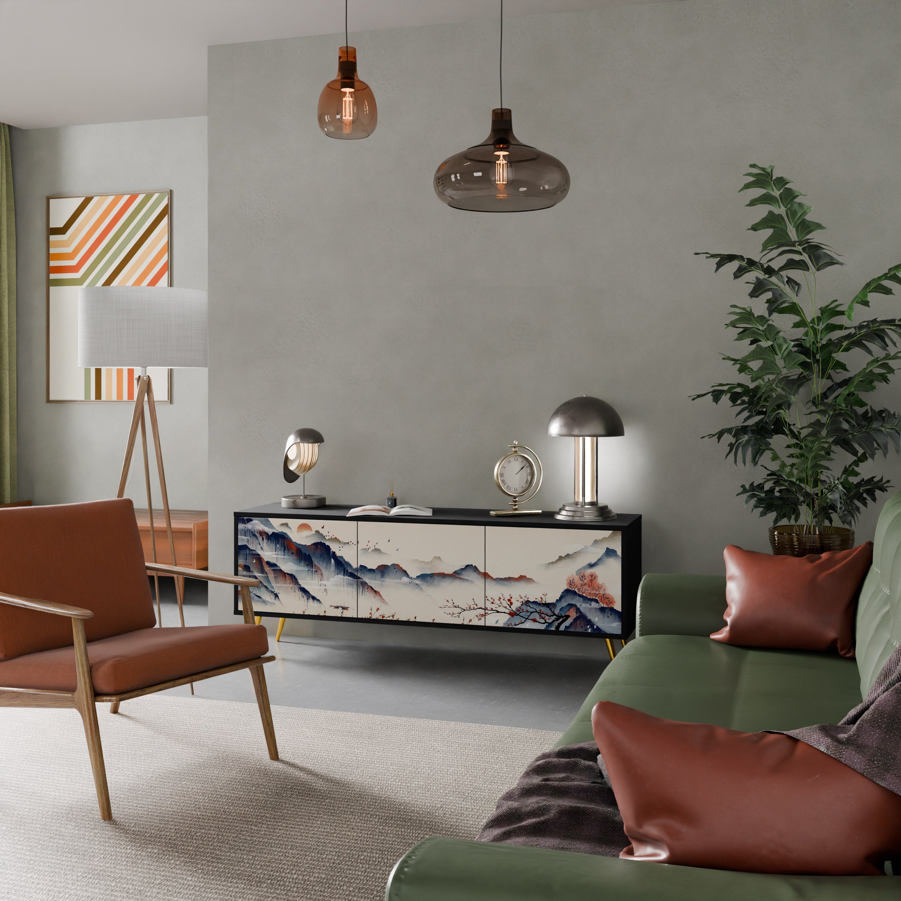 Meuble TV 3 portes PAYSAGE JAPONAIS finition noire