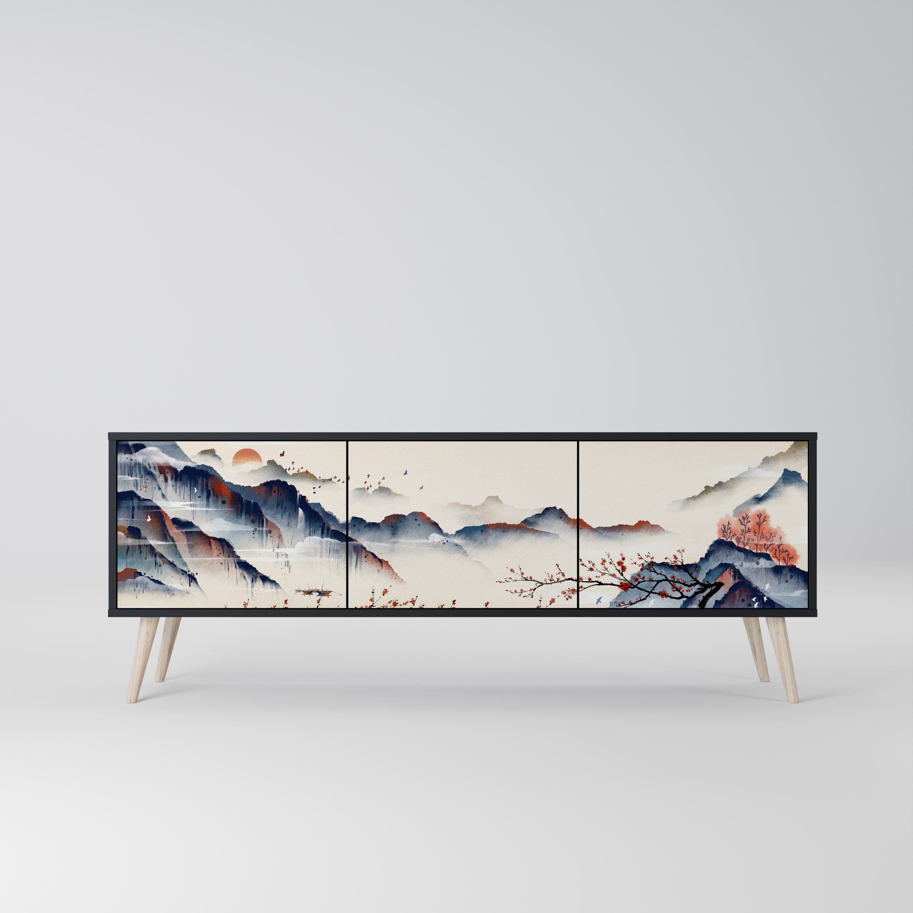 Meuble TV 3 portes PAYSAGE JAPONAIS finition noire