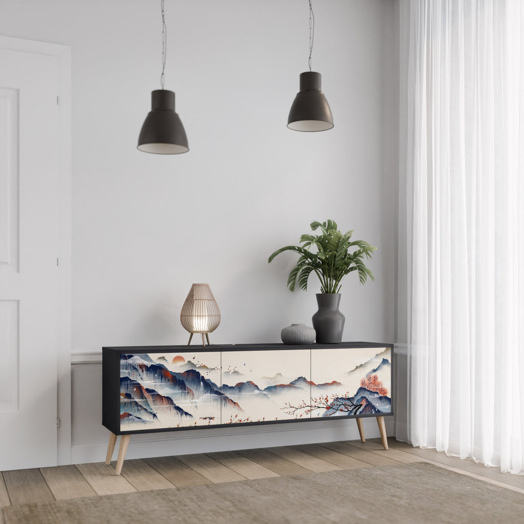 Meuble TV 3 portes PAYSAGE JAPONAIS finition noire