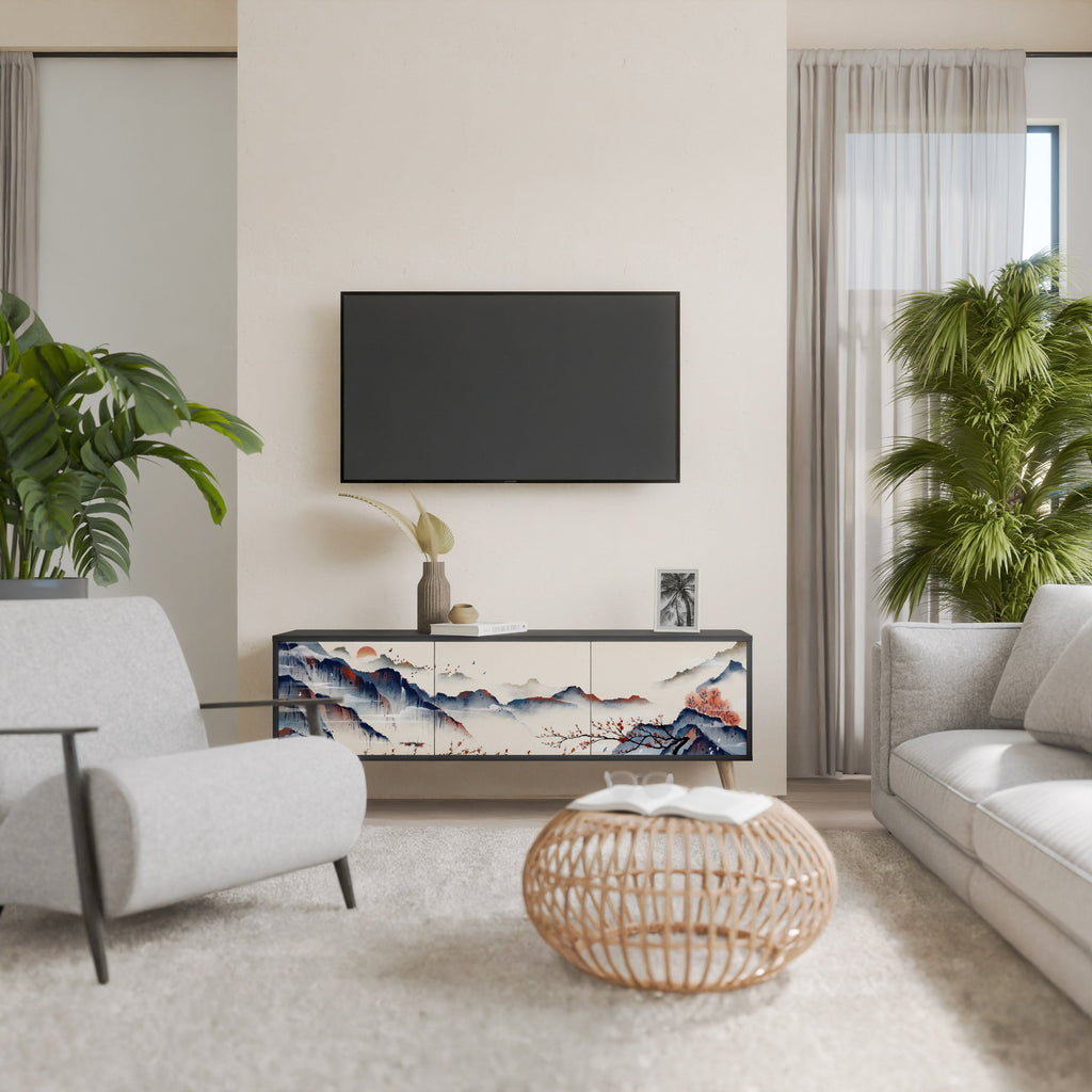 Meuble TV 3 portes PAYSAGE JAPONAIS finition noire