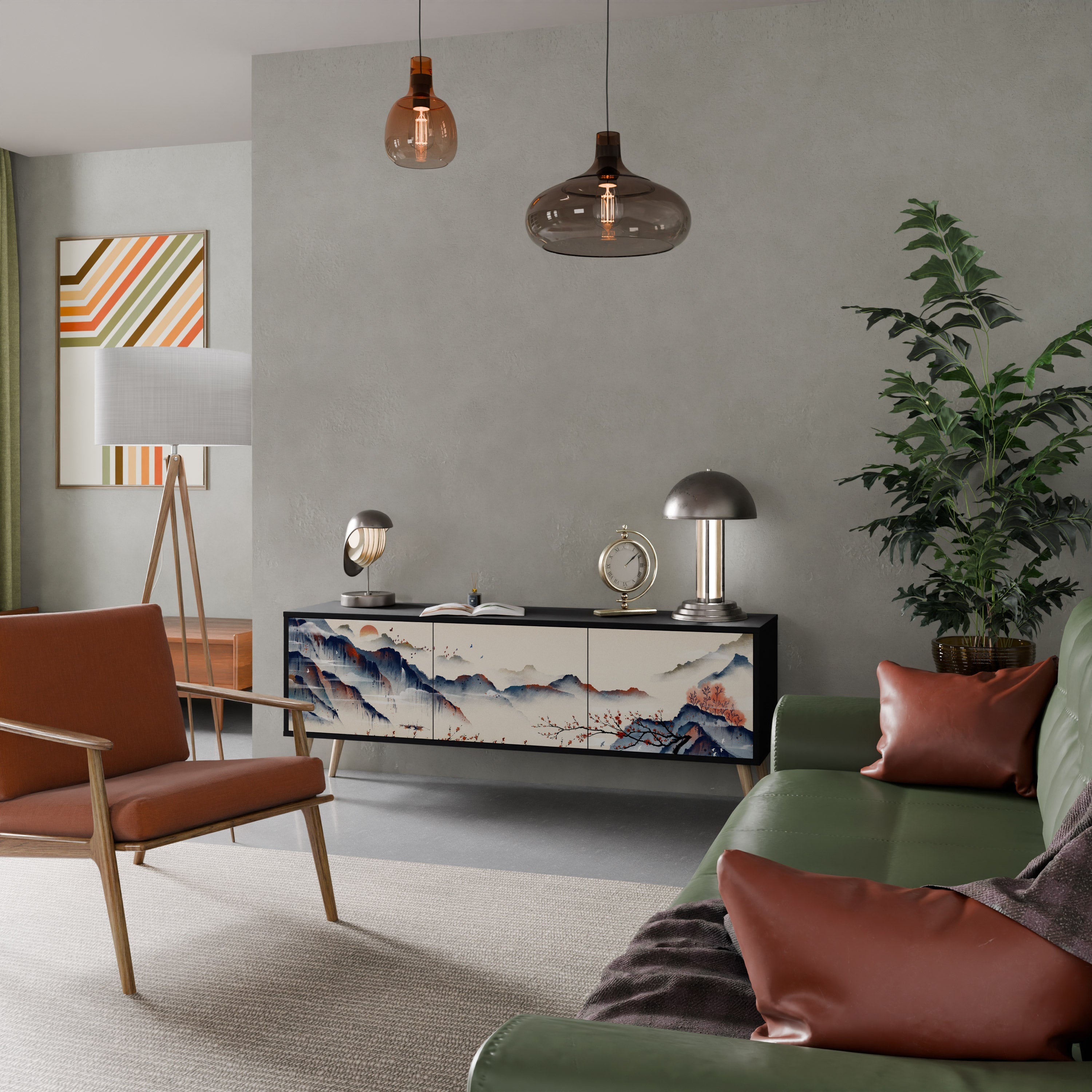 Meuble TV 3 portes PAYSAGE JAPONAIS finition noire