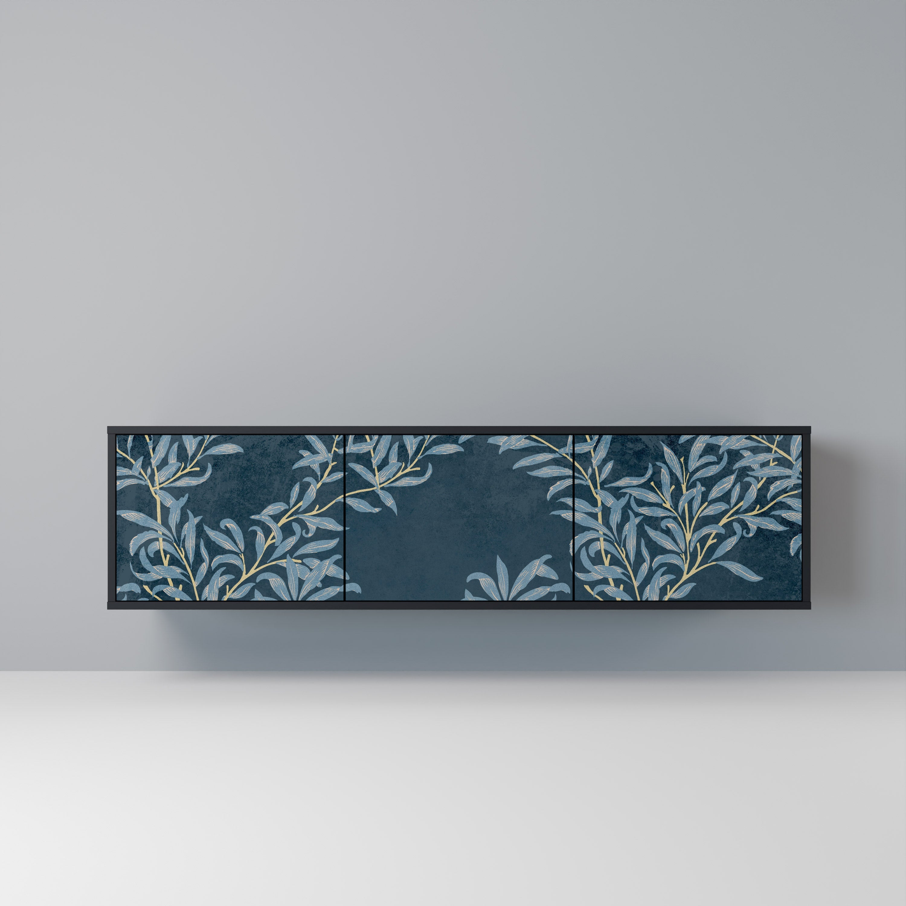 Meuble TV 3 portes BLUE LEAVES en finition noire