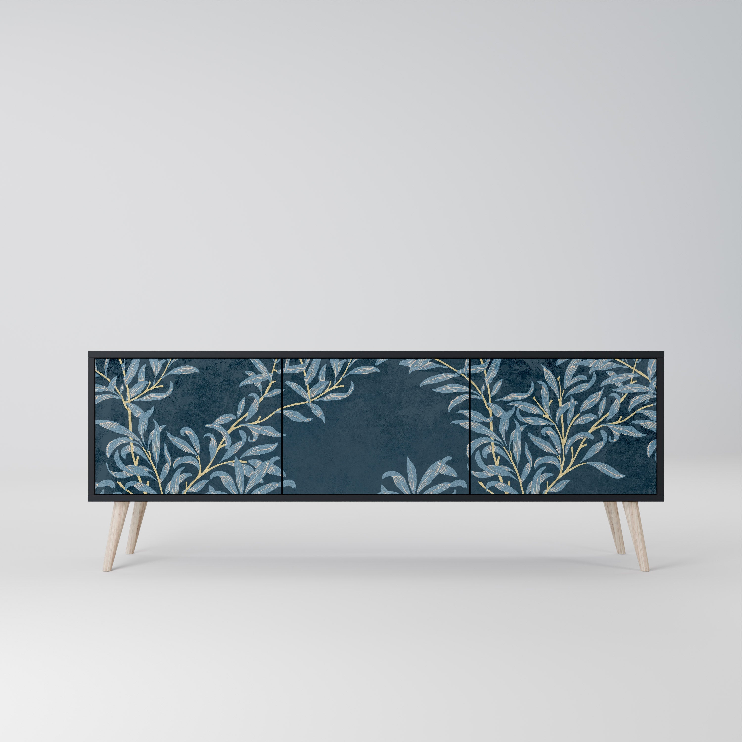 Meuble TV 3 portes BLUE LEAVES en finition noire