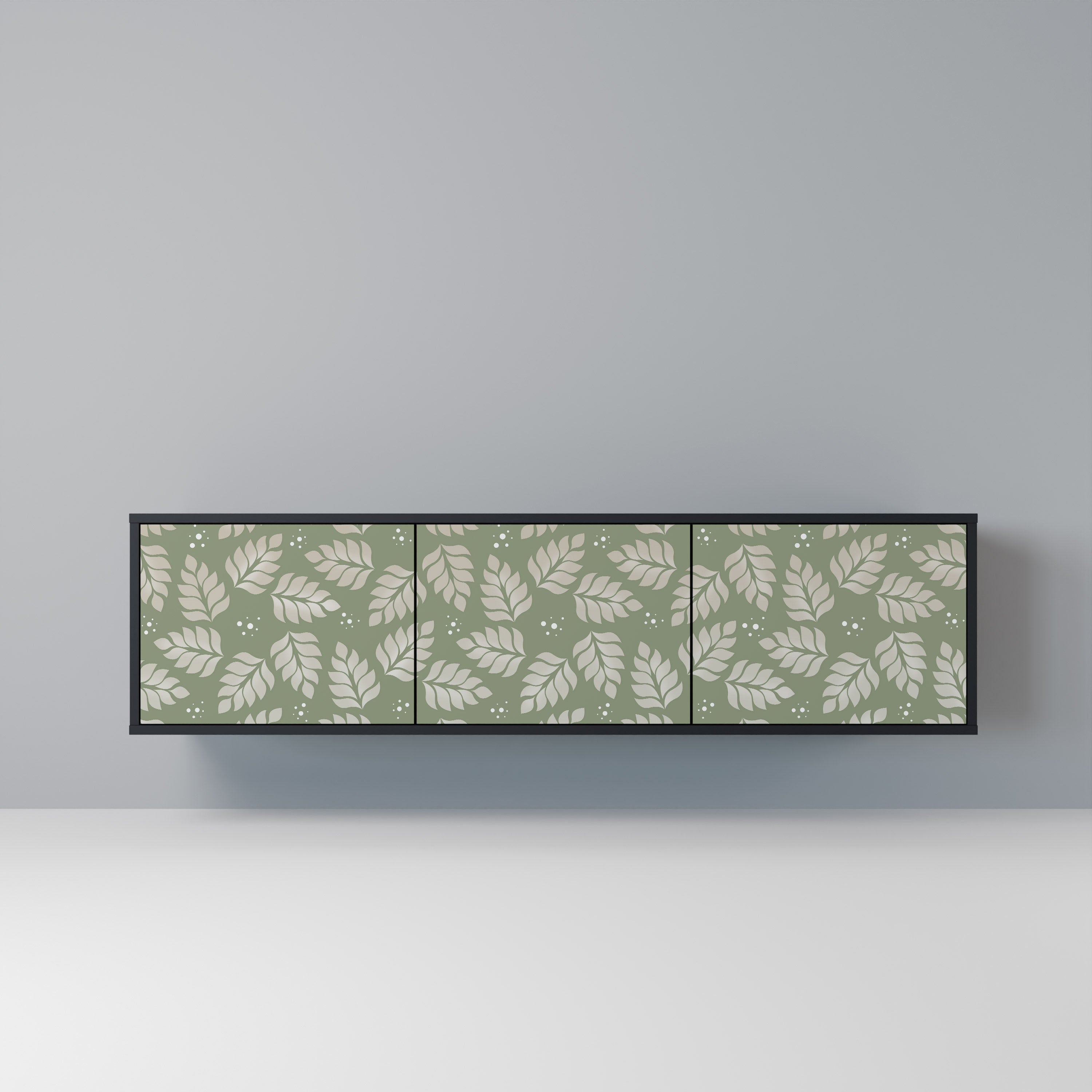 Meuble TV 3 portes LEAVES ON GREEN, finition noire