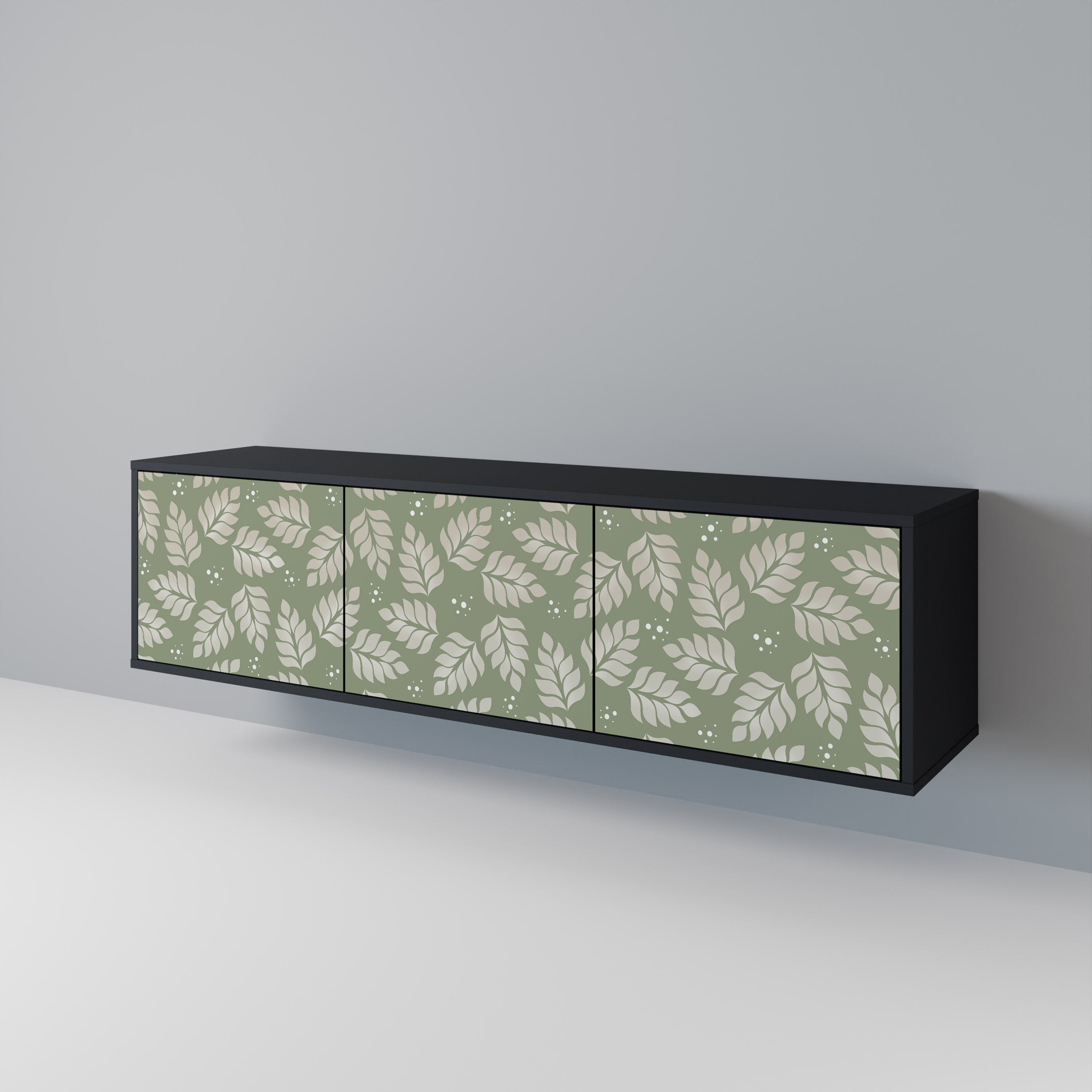 Meuble TV 3 portes LEAVES ON GREEN, finition noire