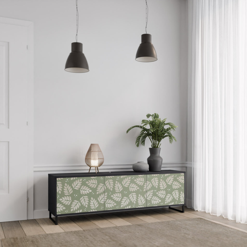 Meuble TV 3 portes LEAVES ON GREEN, finition noire