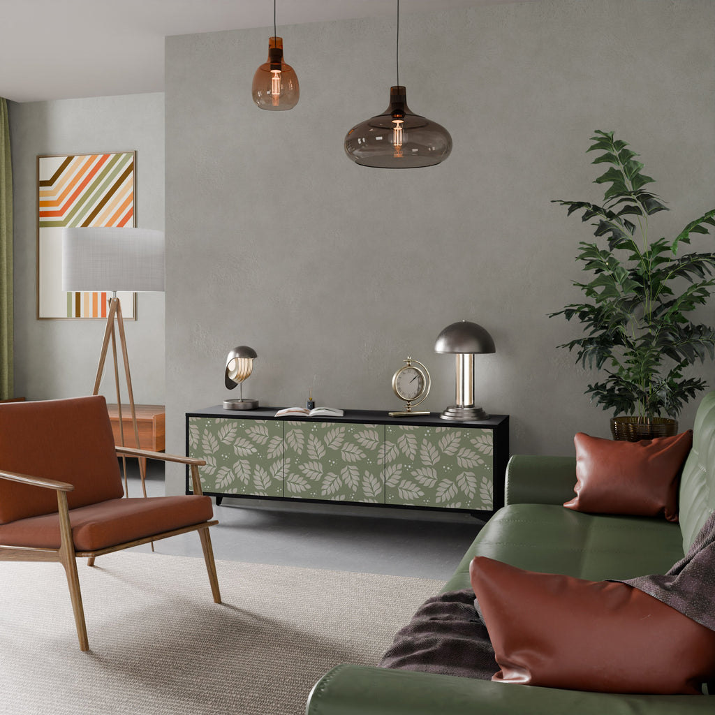 Meuble TV 3 portes LEAVES ON GREEN, finition noire