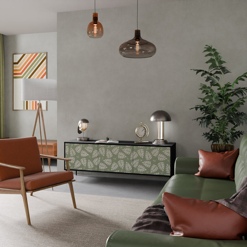 Meuble TV 3 portes LEAVES ON GREEN, finition noire