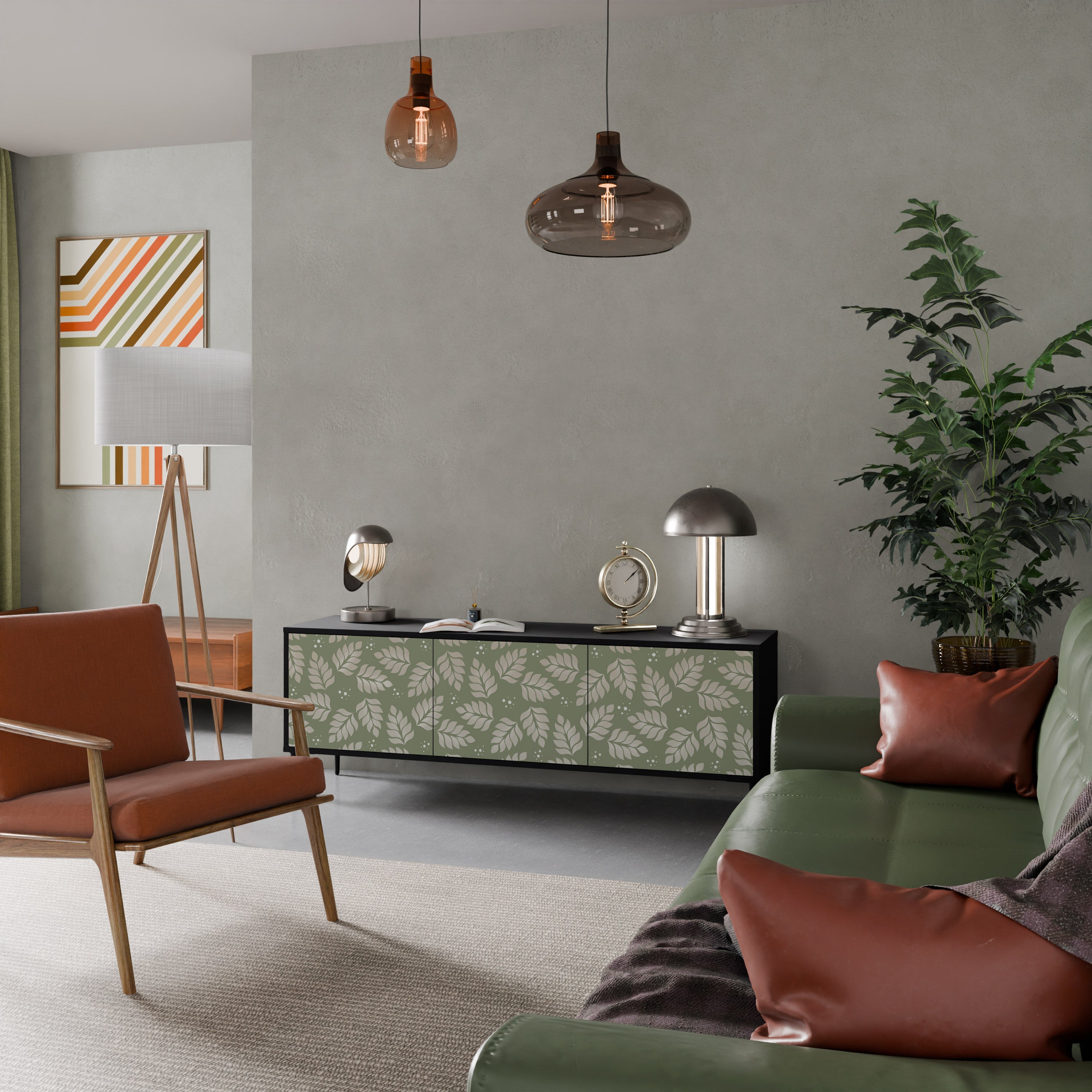 Meuble TV 3 portes LEAVES ON GREEN, finition noire