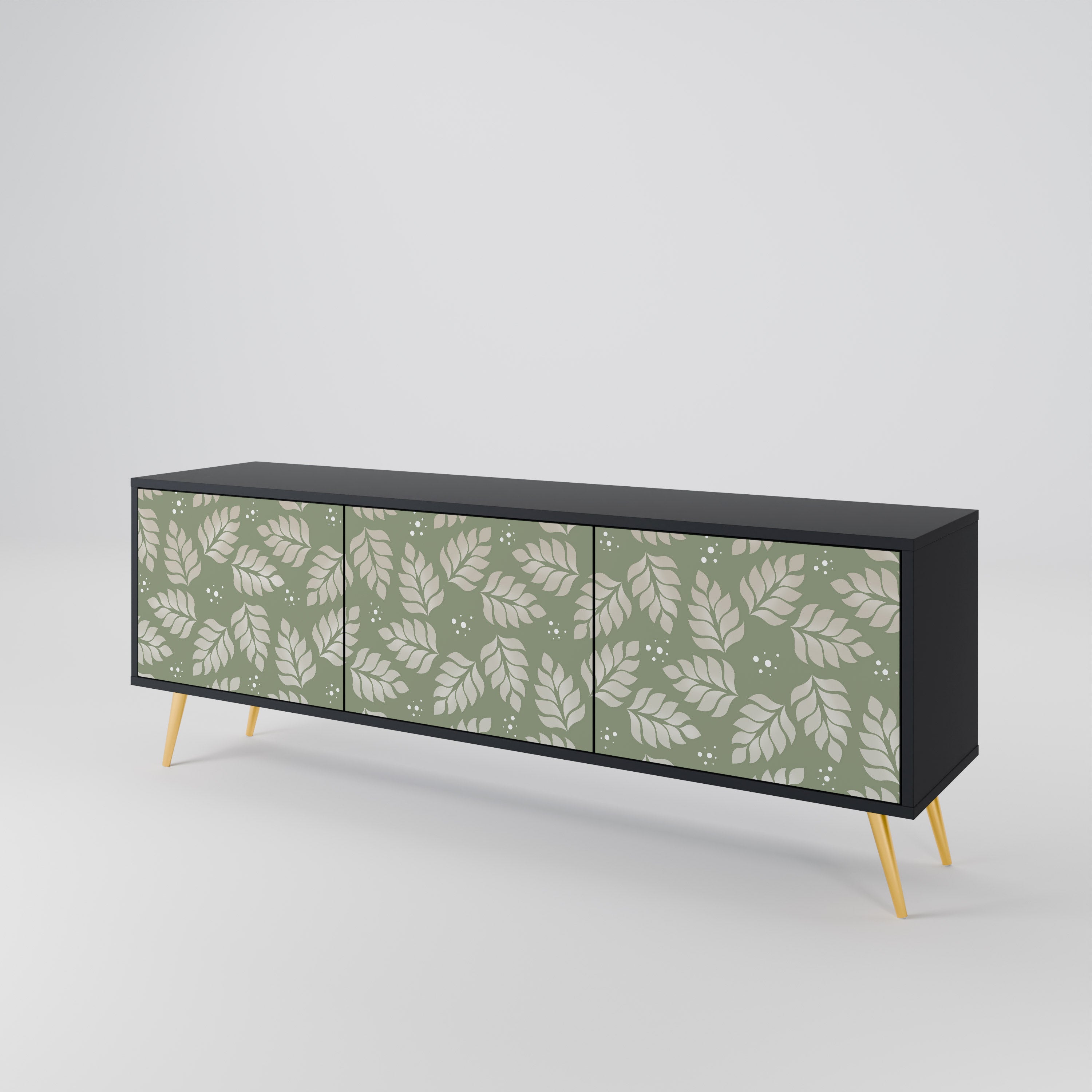 Meuble TV 3 portes LEAVES ON GREEN, finition noire