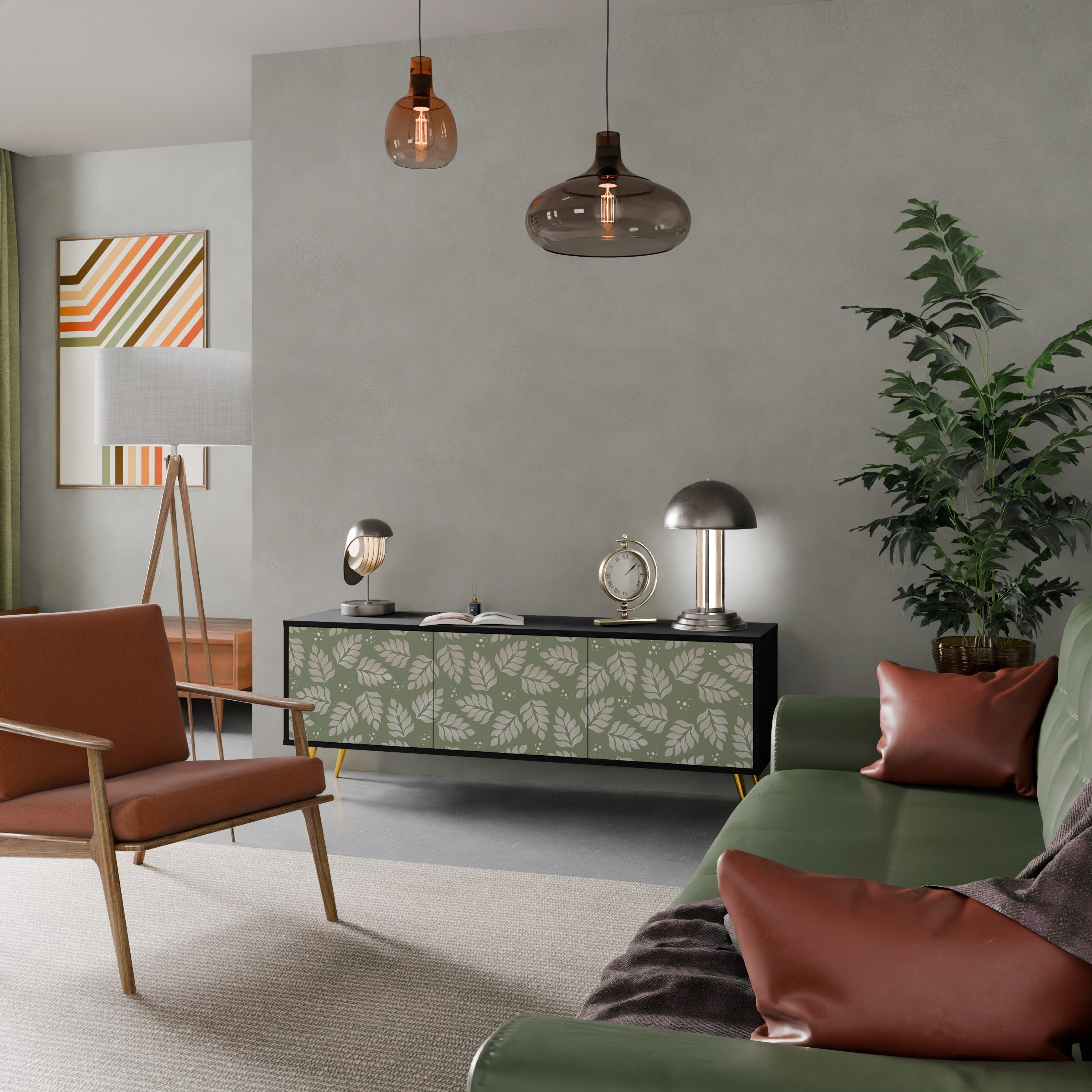 Meuble TV 3 portes LEAVES ON GREEN, finition noire