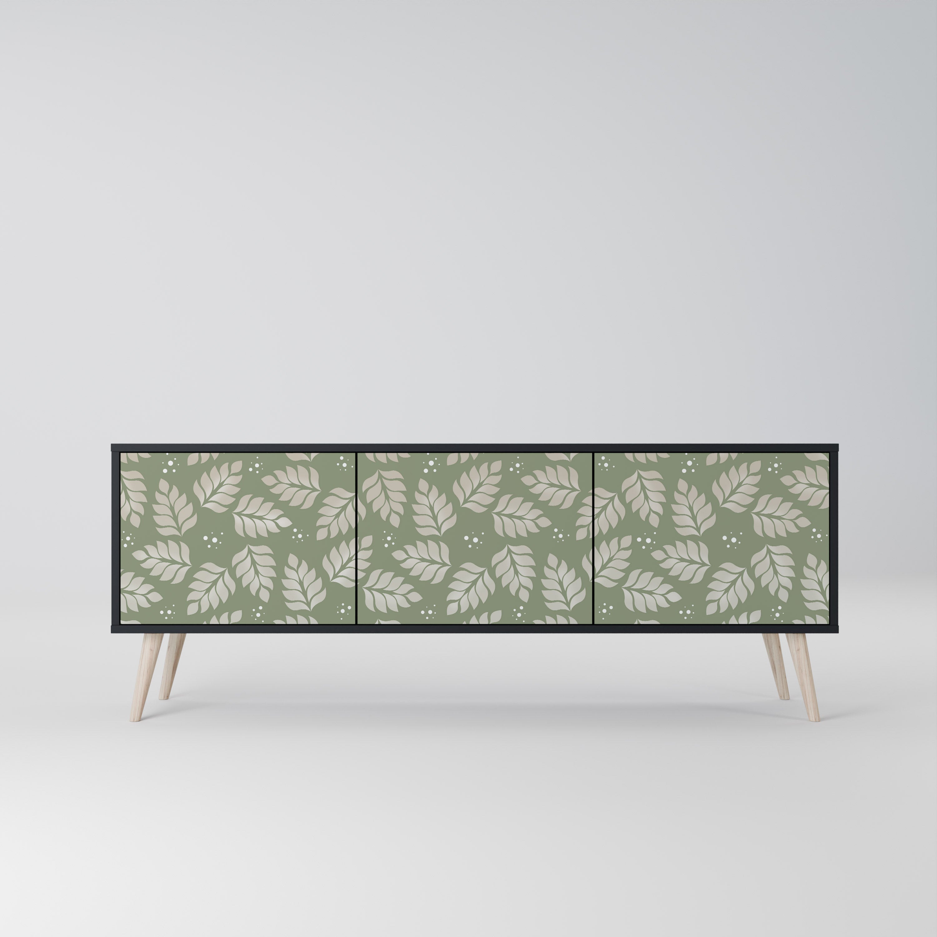 Meuble TV 3 portes LEAVES ON GREEN, finition noire