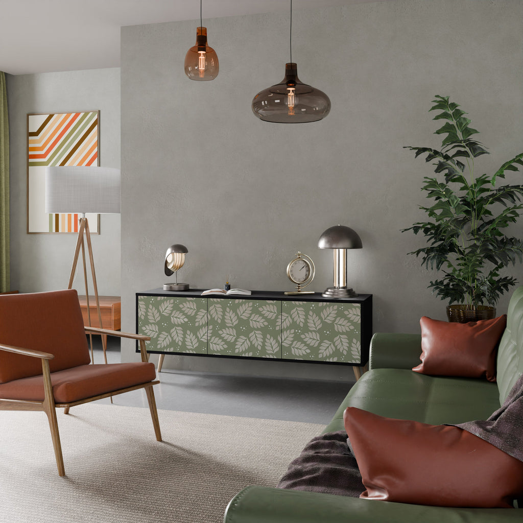 Meuble TV 3 portes LEAVES ON GREEN, finition noire