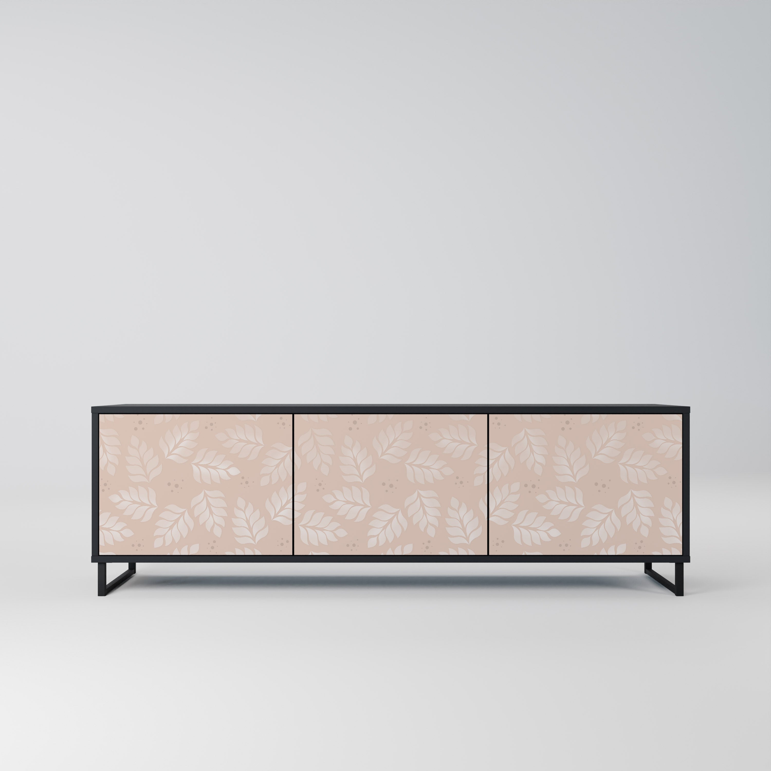 Meuble TV 3 portes LEAVES ON BEIGE, finition noire