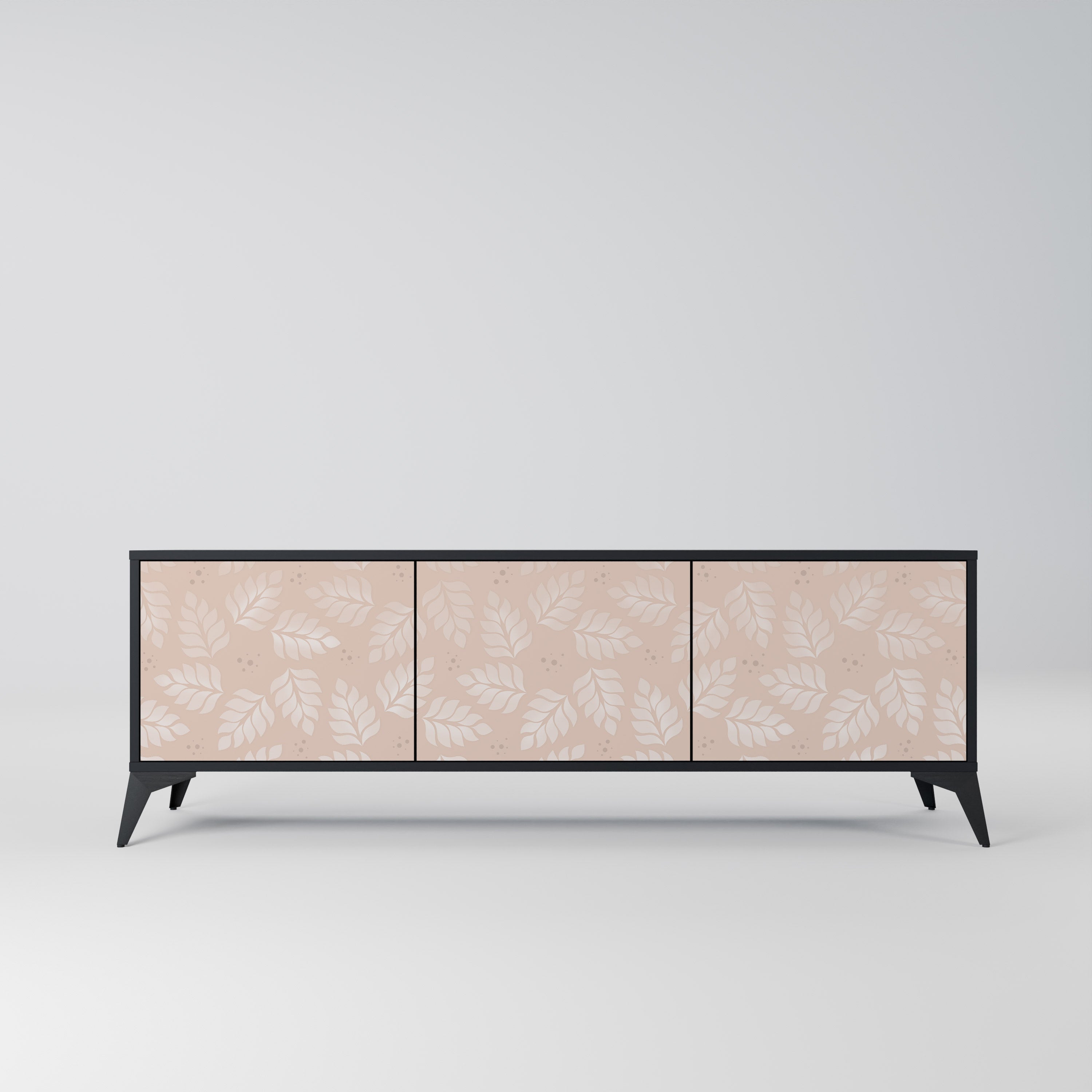 Meuble TV 3 portes LEAVES ON BEIGE, finition noire