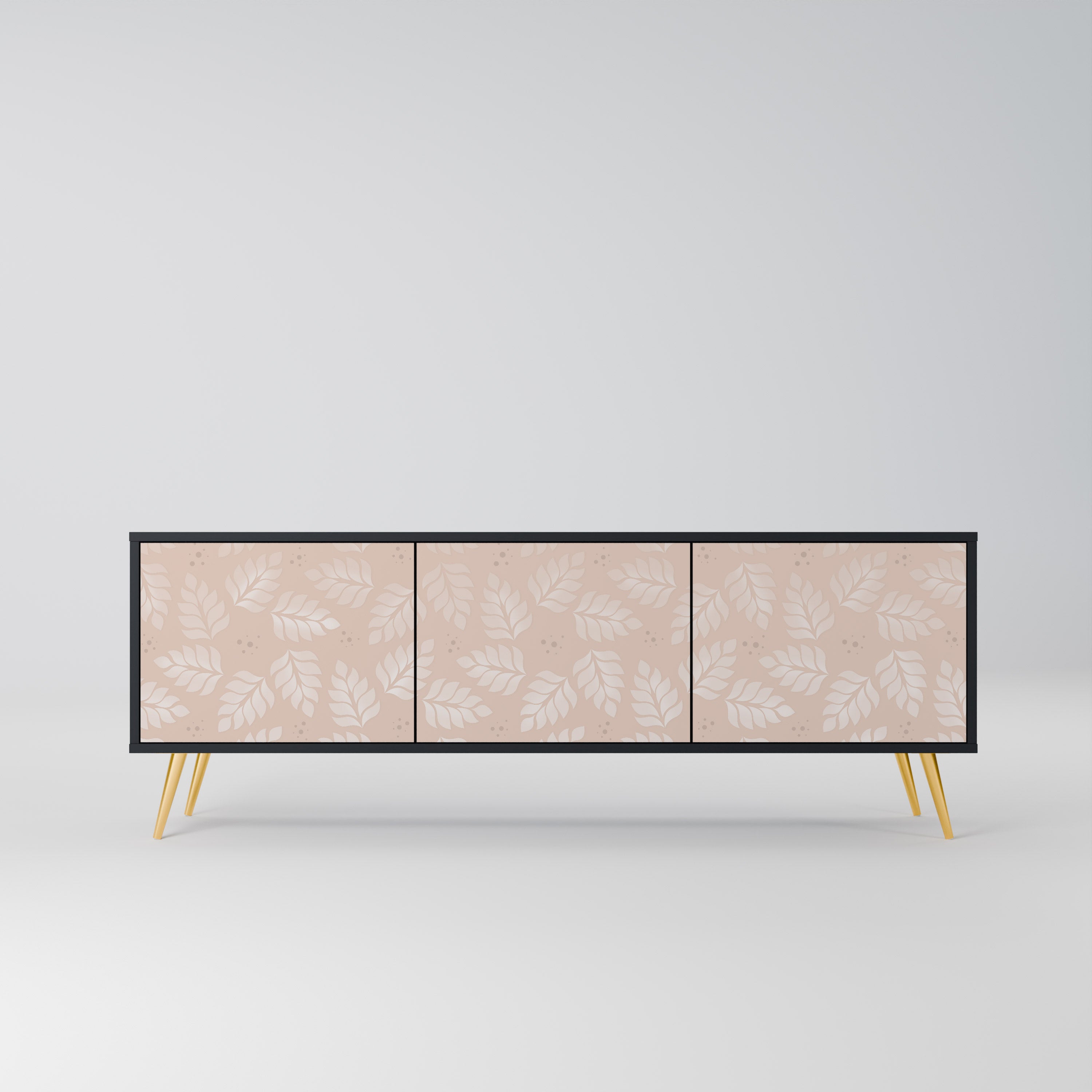 Meuble TV 3 portes LEAVES ON BEIGE, finition noire