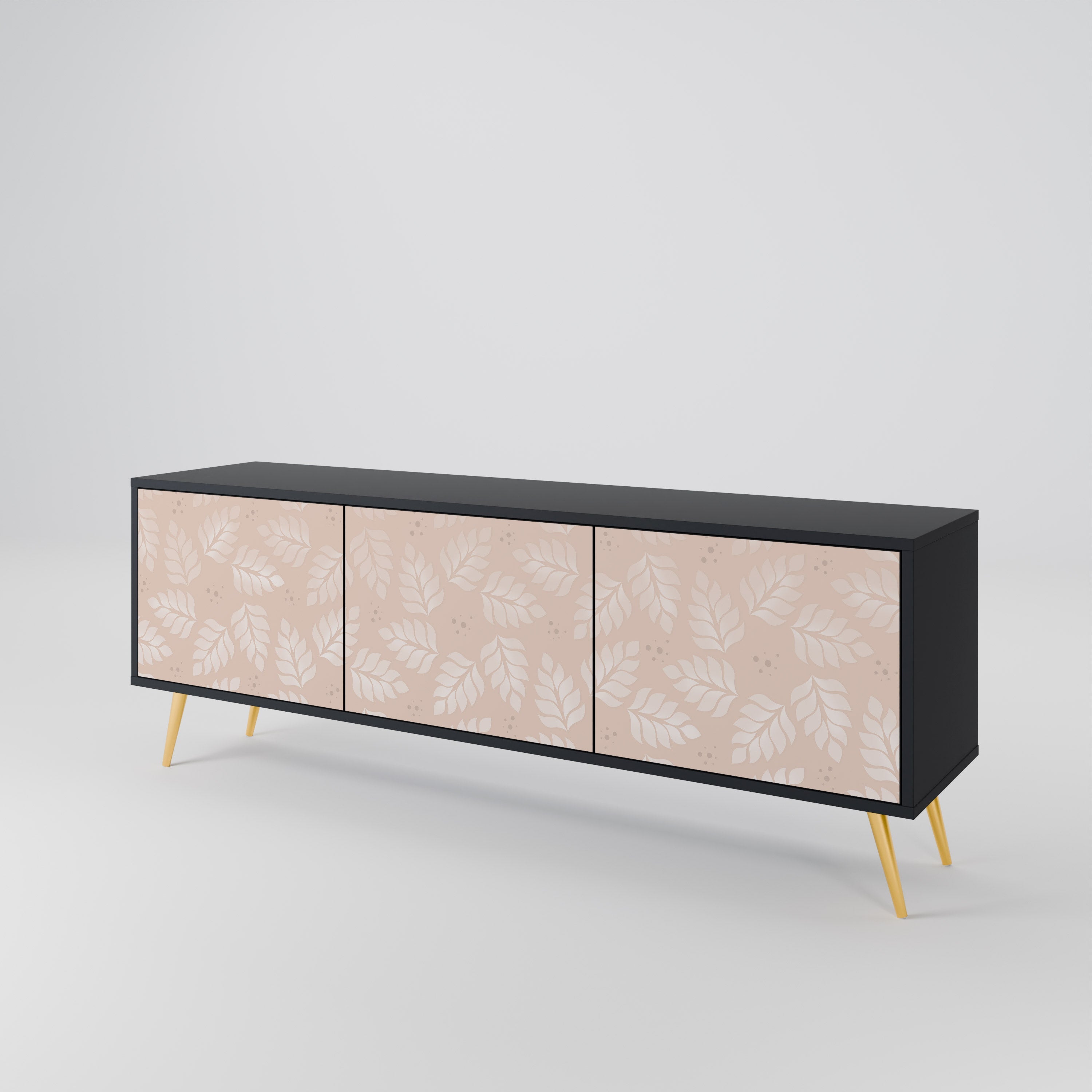 Meuble TV 3 portes LEAVES ON BEIGE, finition noire