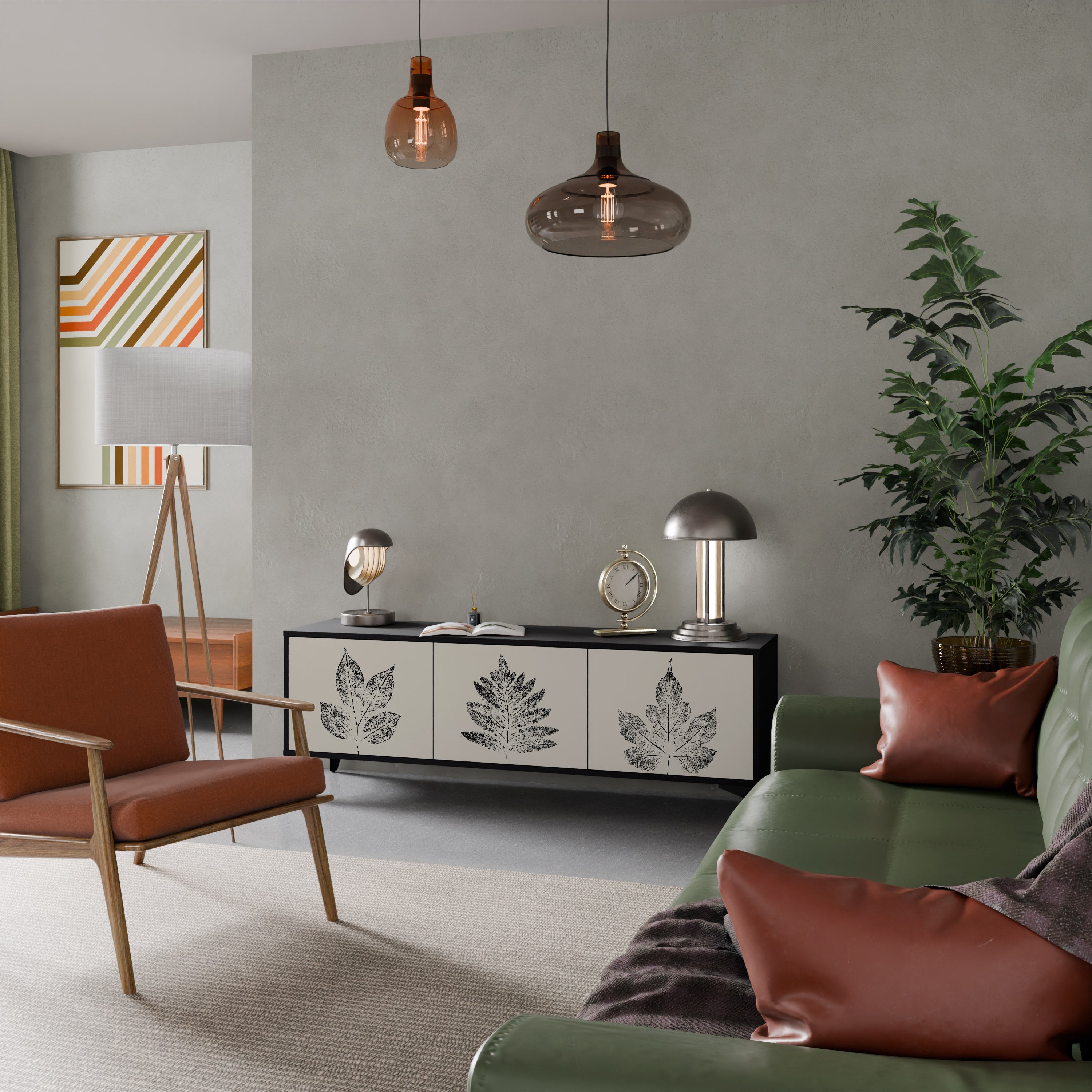 Meuble TV 3 portes LEAFY STAMPS finition noire