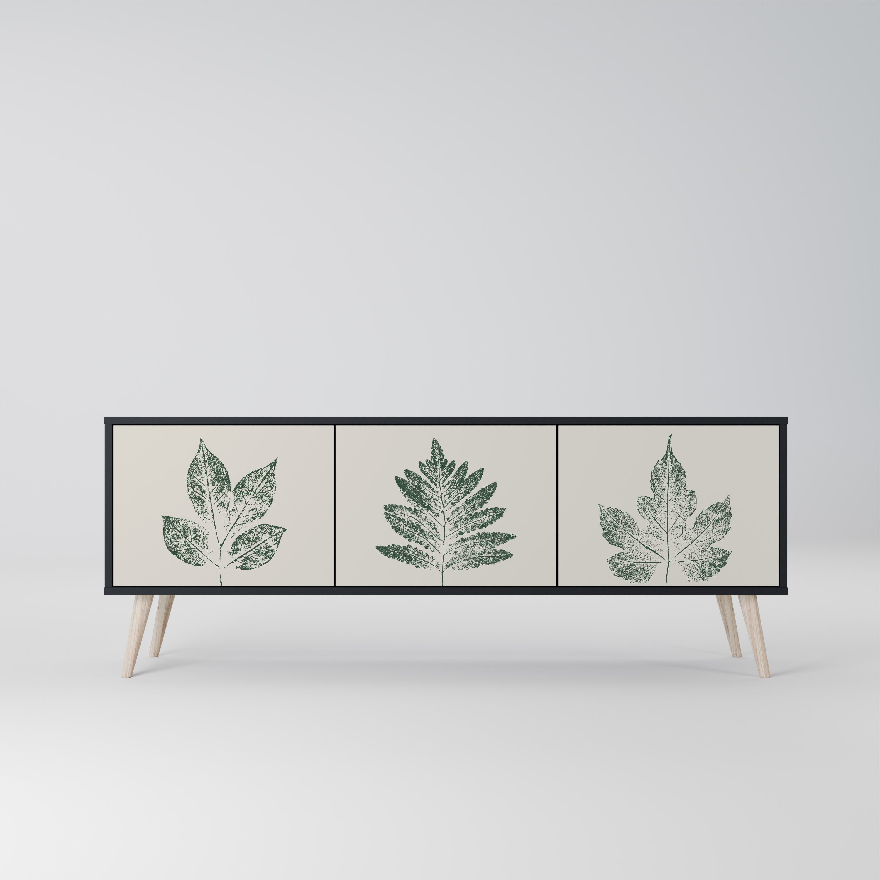 Meuble TV 3 portes GREEN LEAFY STAMPS finition noire