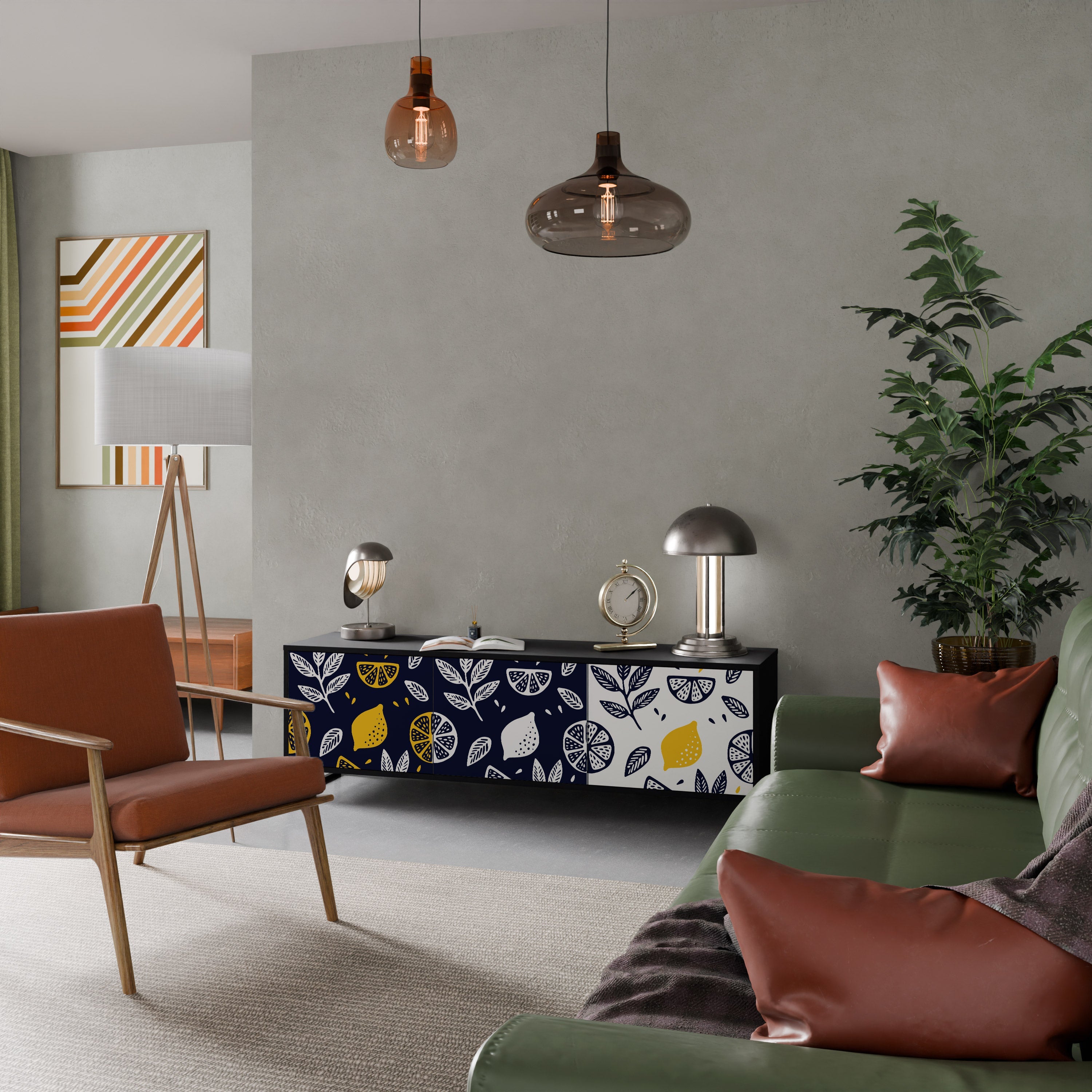 Meuble TV 3 portes CITRUS NOIR ET BLANC en finition noire