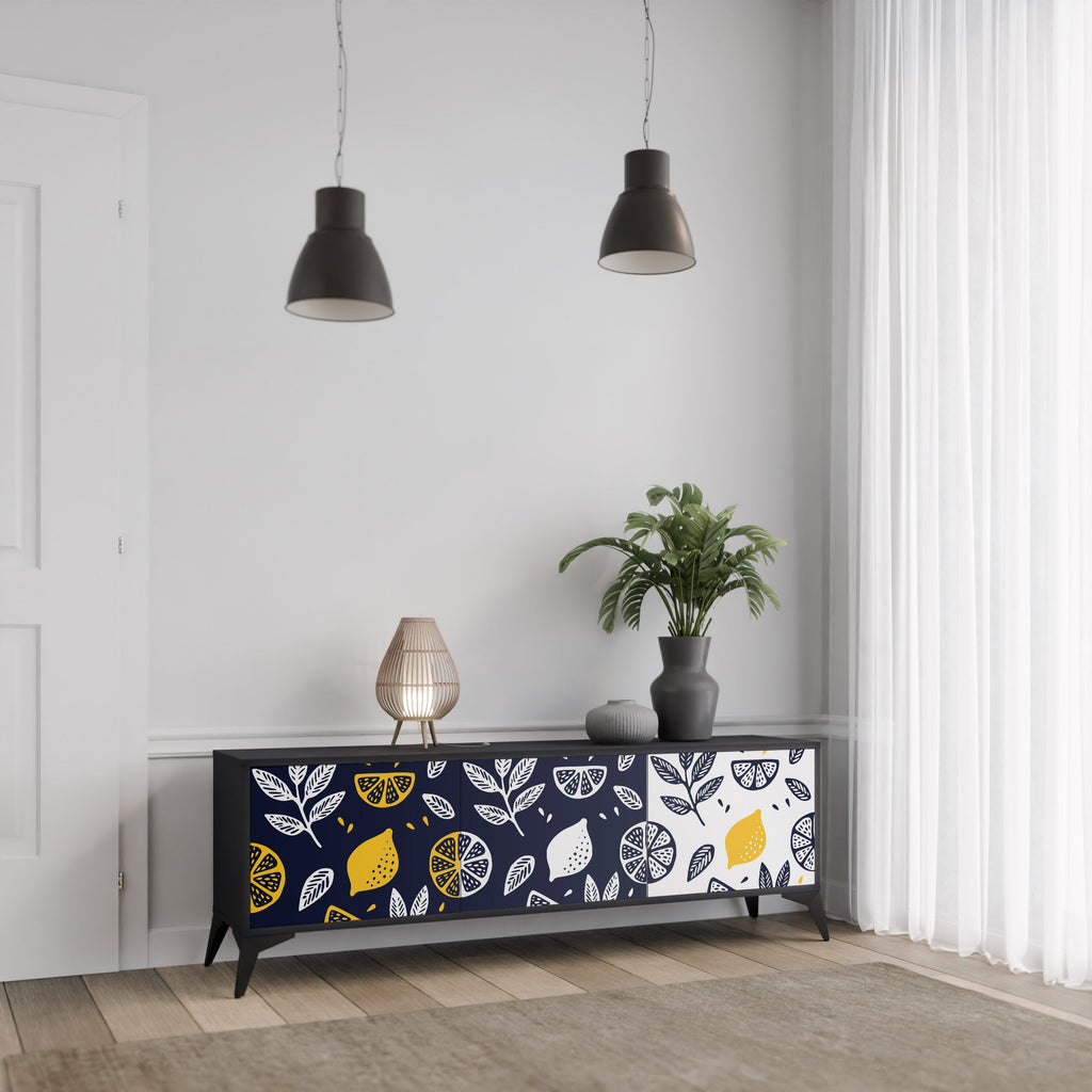 Meuble TV 3 portes CITRUS NOIR ET BLANC en finition noire